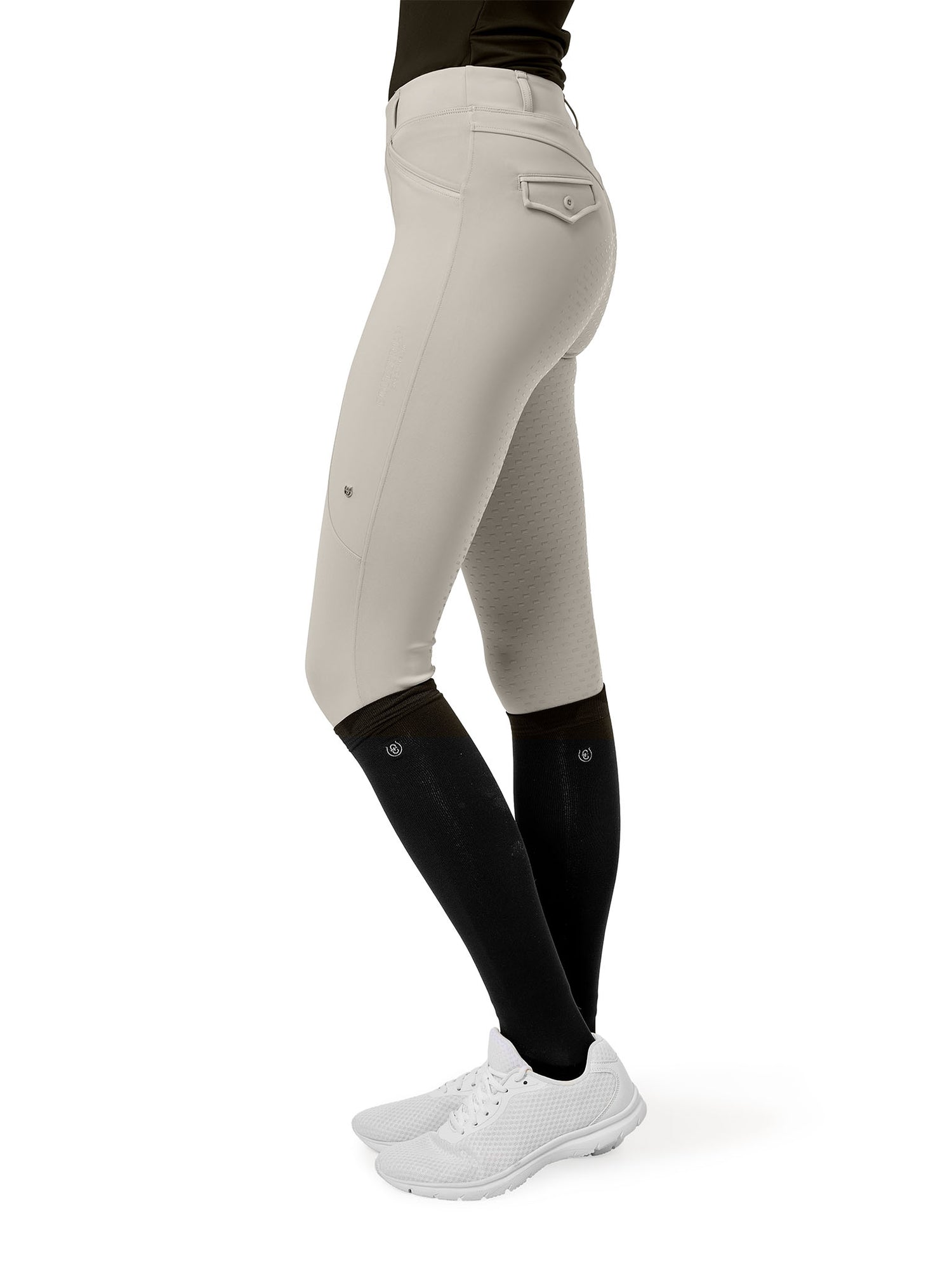 Immagine da studio di Equestrian Stockholm Collant da Equitazione Premium Greige con seduta intera e vita alta.