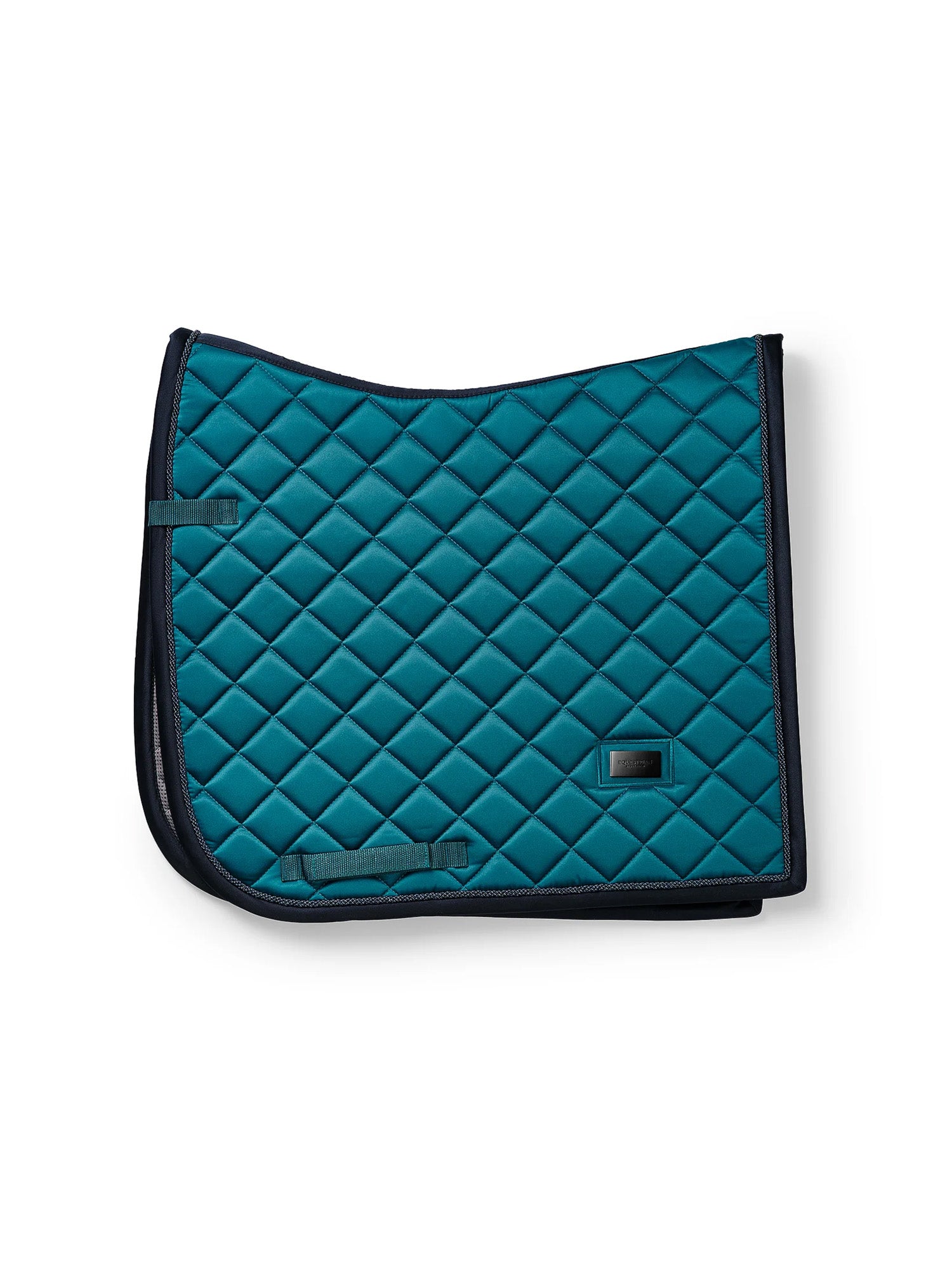 Studio image of Equestrian Stockholm Dressage Saddle Pad Aurora Blues in blue-green with diamond quilting and navy trim.