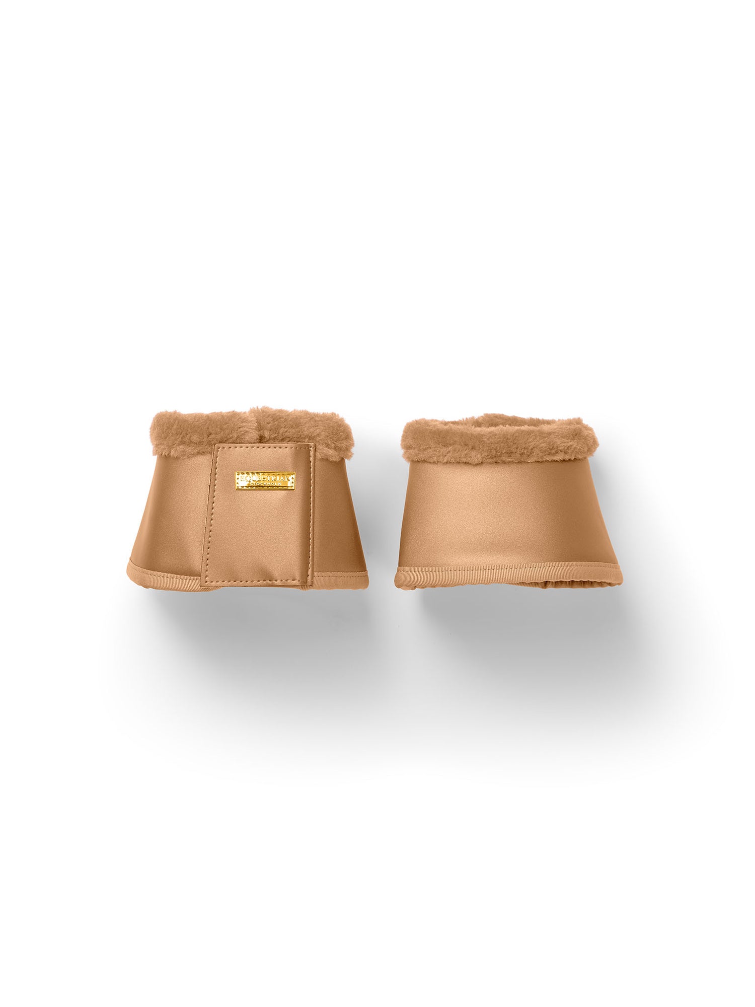 Studio image of Equestrian Stockholm Bell Boots Savannah Glow in beige PU leather with soft faux fur trim.