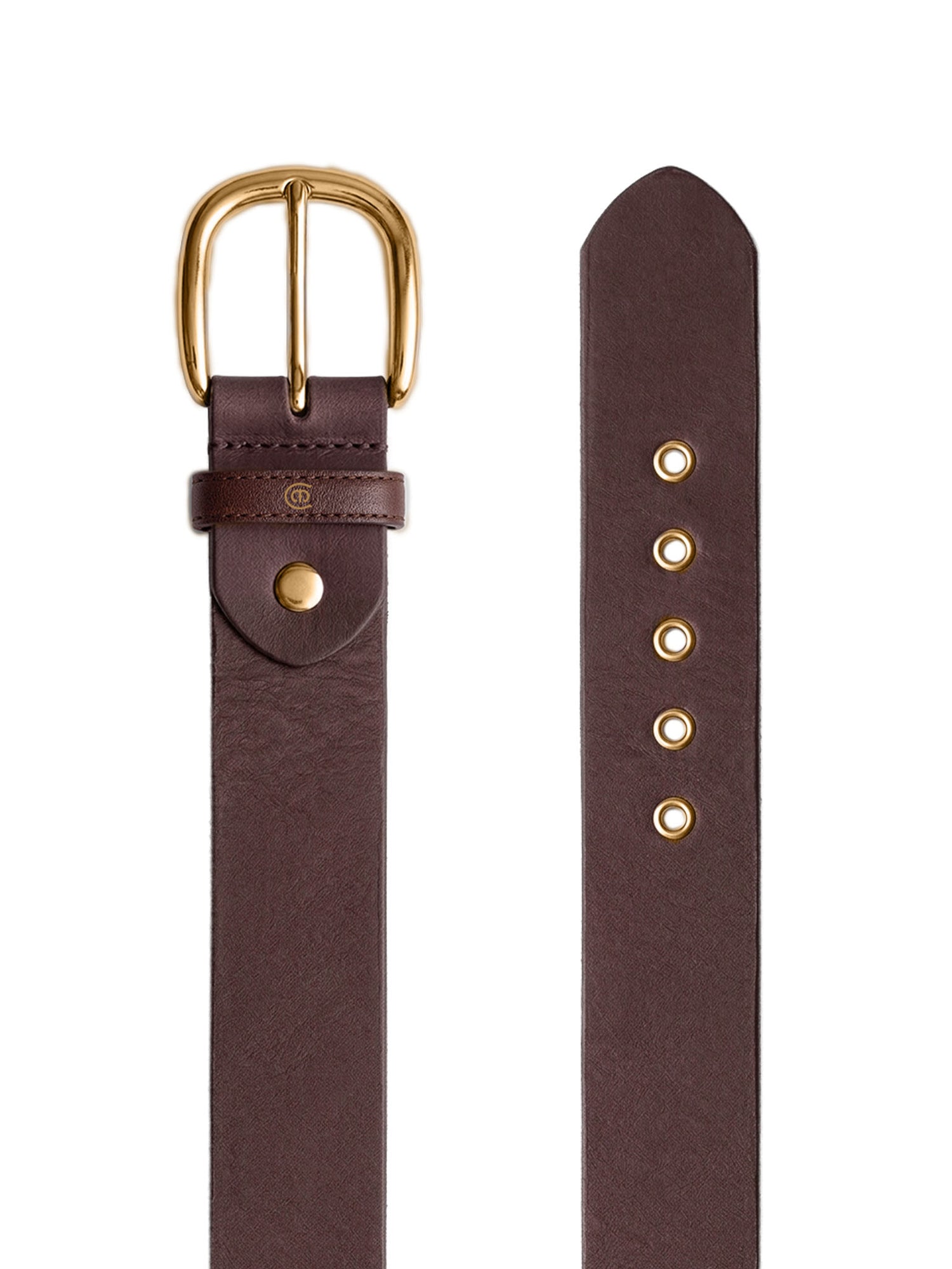 Studio image of Equestrian Stockholm Belt Classic Gold Brown leather belt with gold brass buckle and eyelets.