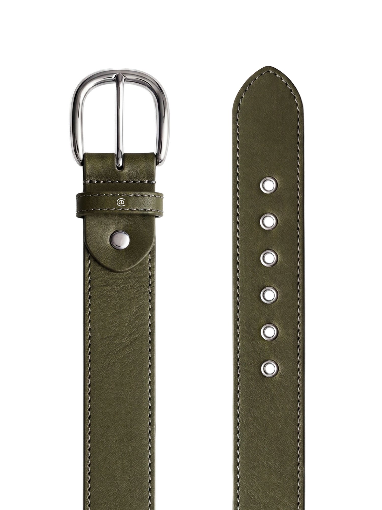 Studio image of Equestrian Stockholm Belt Classic Khaki Green in buffalo leather with silver-tone hardware.