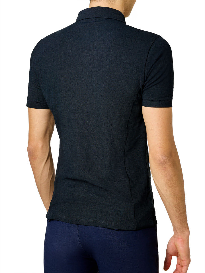 Studio image of Equestrian Stockholm Polo Shirt Zip Men Black from the back, featuring a sleek, short-sleeved fit.