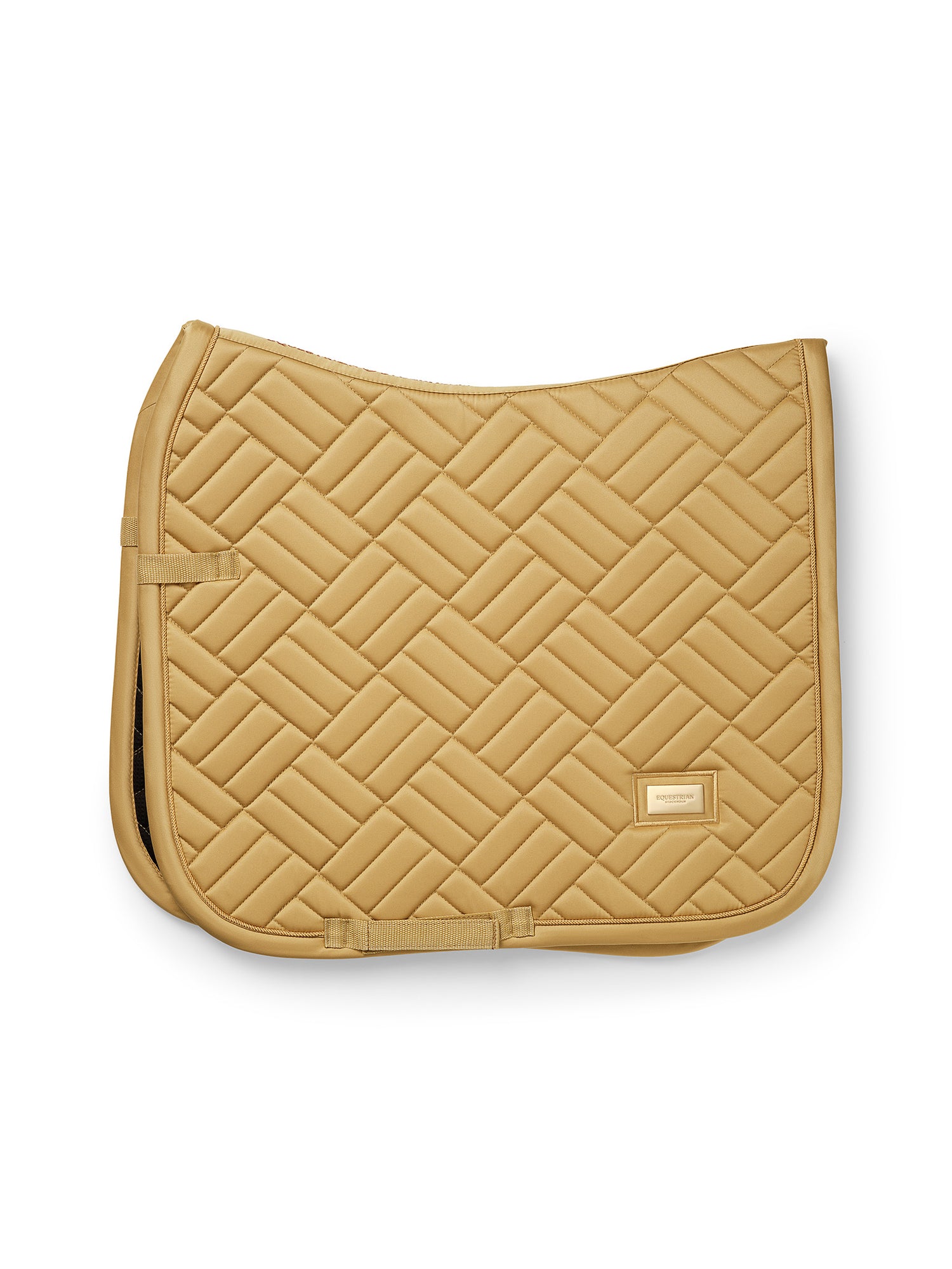 Studio image of Equestrian Stockholm Dressage Saddle Pad Modern Midsummer Glow in yellow with rose gold details.