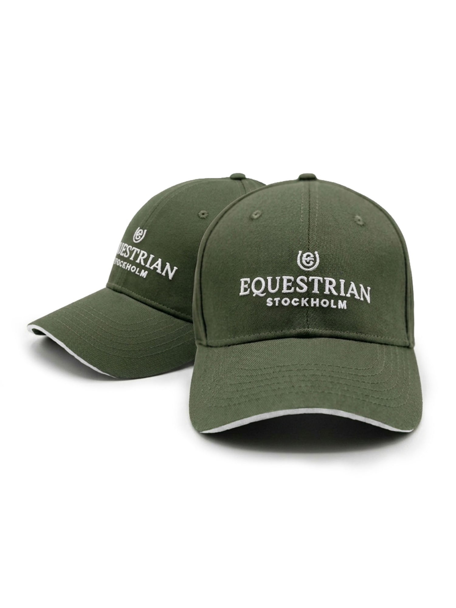 Studio image of two Equestrian Stockholm Khaki Green cotton caps with white logo embroidery.