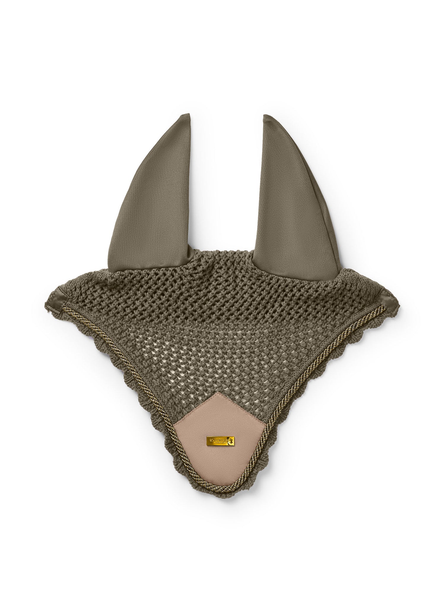 Studio image of Equestrian Stockholm Ear Bonnet Khaki Green with a beige patch and gold metal badge.