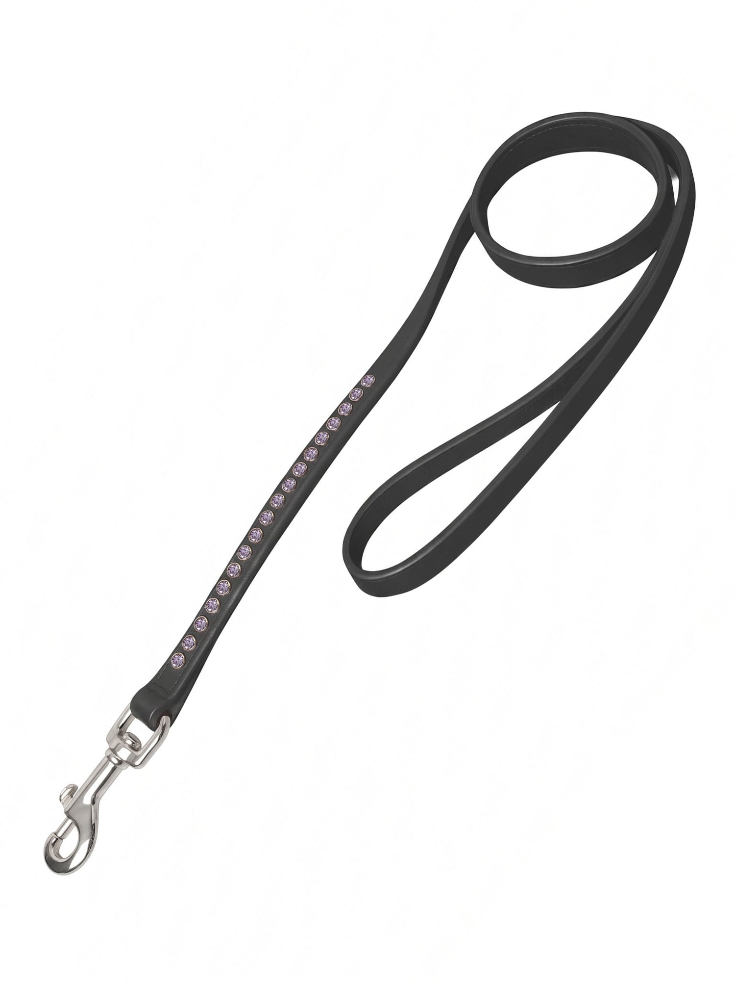 Studio image of Equestrian Stockholm Crystal Leather Dog Leash Dusty Purple in black leather with purple crystals.