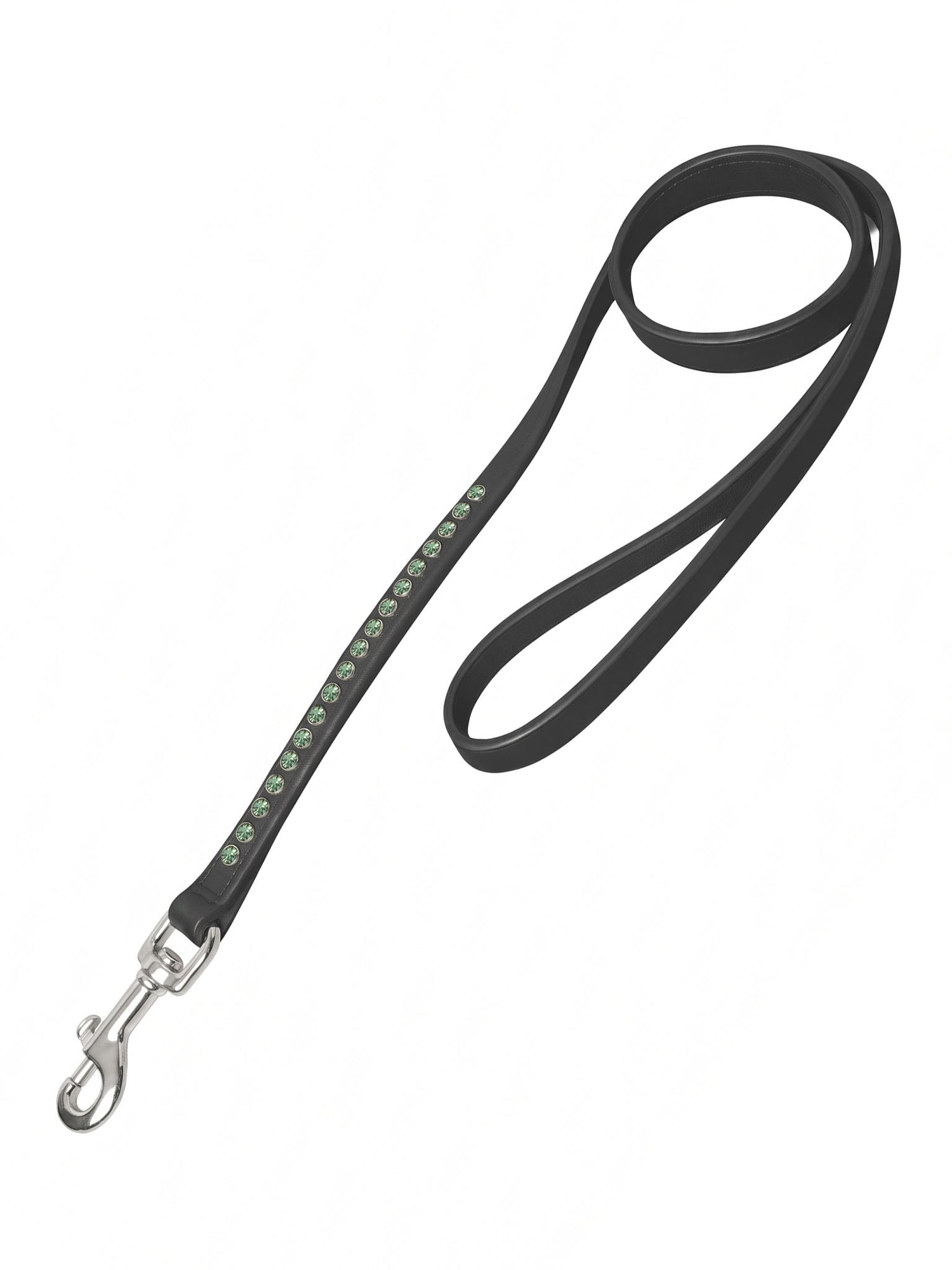 Studio image of Equestrian Stockholm Crystal Leather Dog Leash Mist Green with black buffalo leather and crystals.