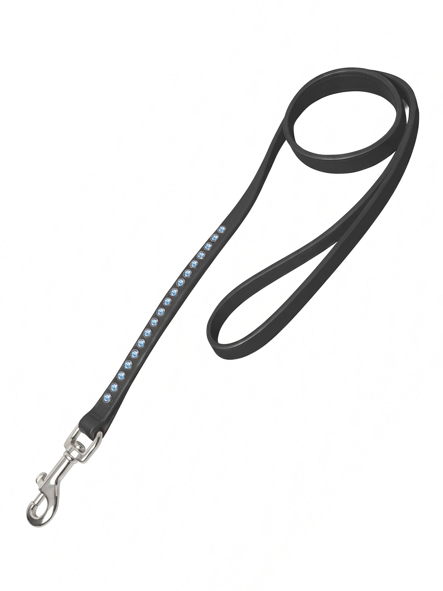 Studio image of Equestrian Stockholm Crystal Leather Dog Leash Soft Blue in black leather with blue crystal accents.