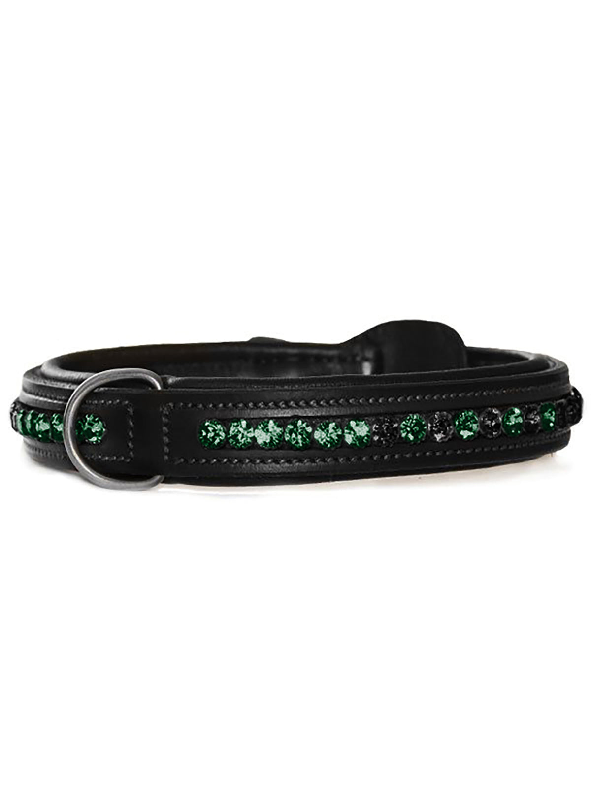 Immagine in studio di Equestrian Stockholm Collare per Cane Faded Sycamore Green in pelle nera e cristalli verdi sfumati.