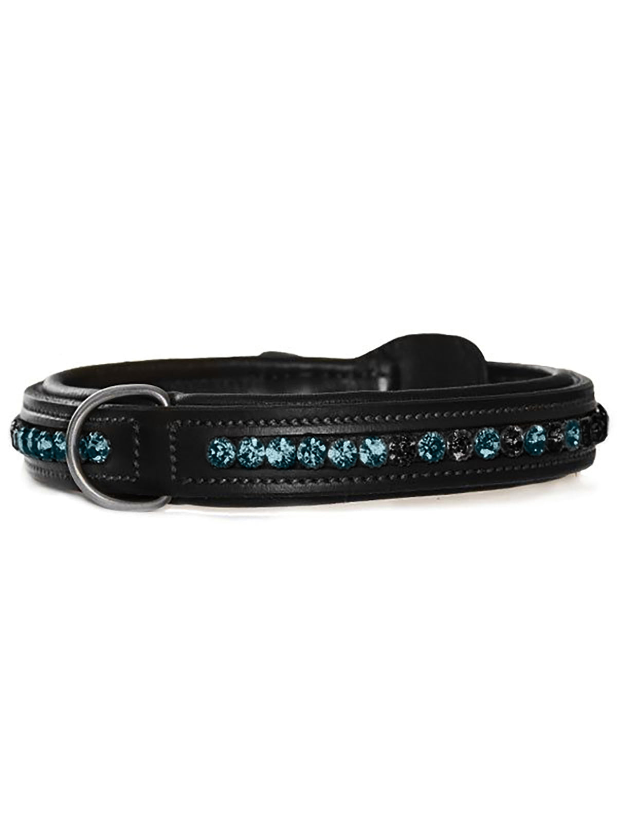 Studio image of Equestrian Stockholm Dog Collar Faded Blue Meadow with gradient blue crystals and black leather.