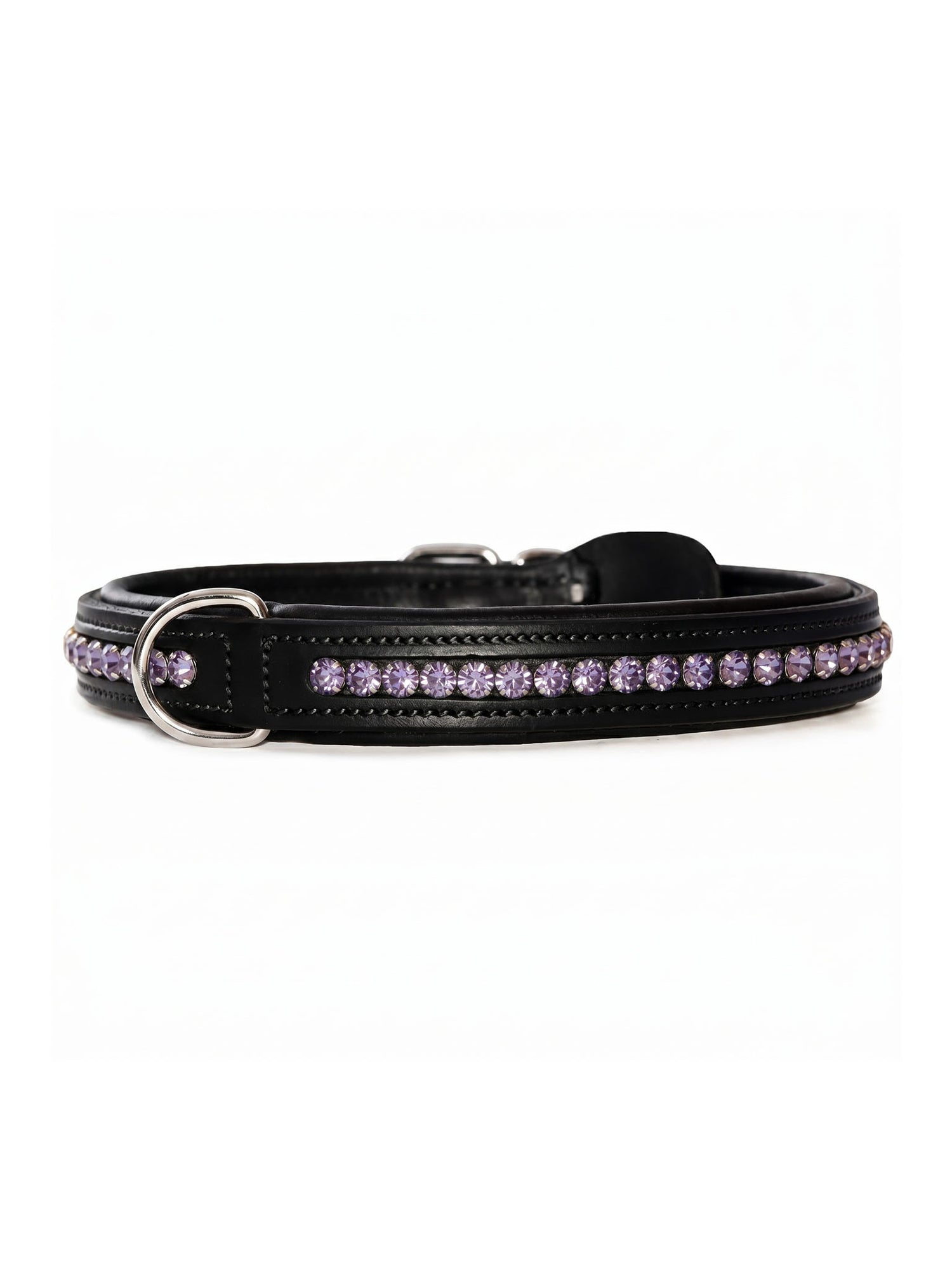 Studio image of Equestrian Stockholm Dog Collar Dusty Purple in black leather with purple crystal detailing.