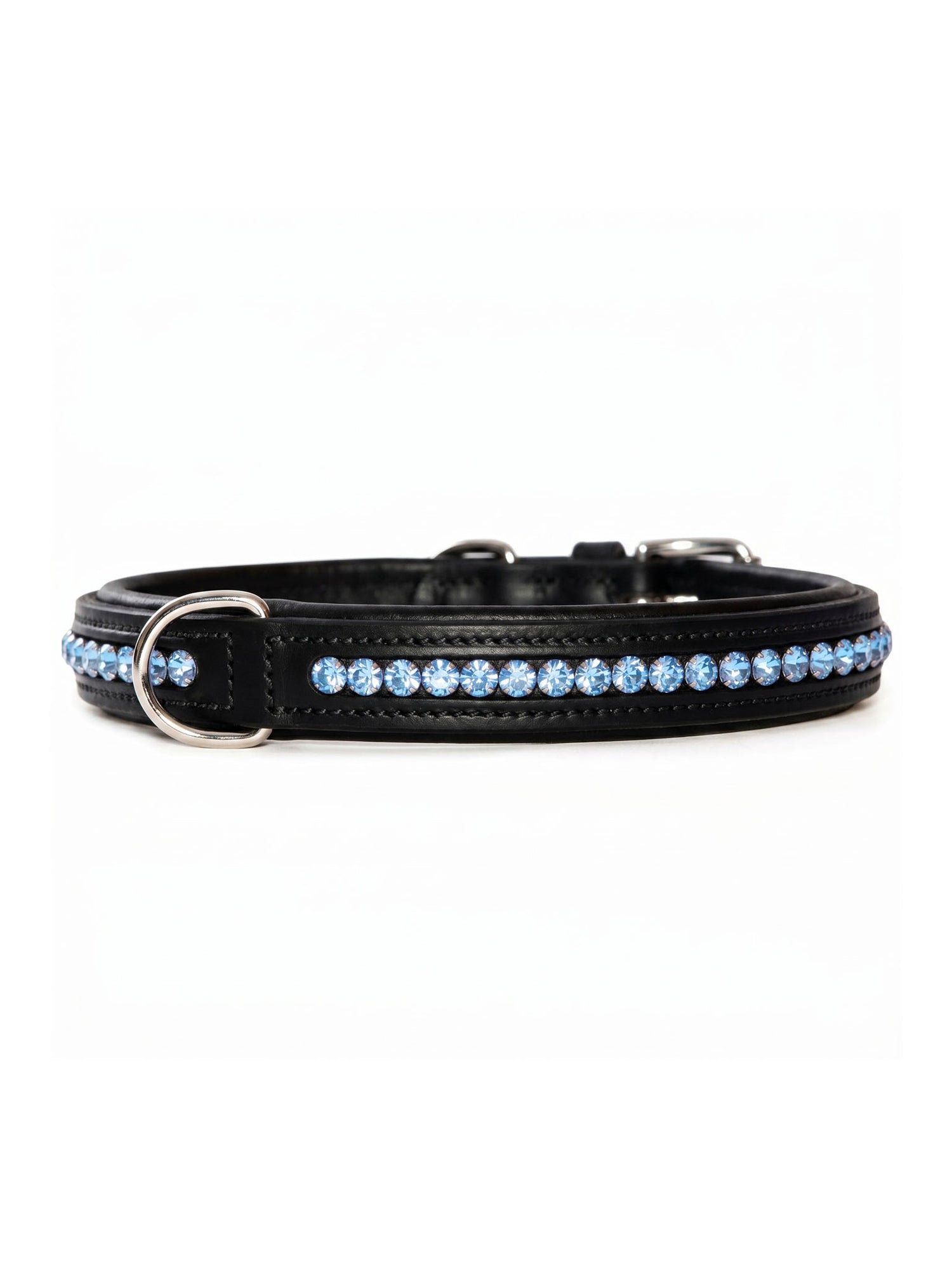 Studio image of Equestrian Stockholm Dog Collar Soft Blue in black buffalo leather with blue crystals.