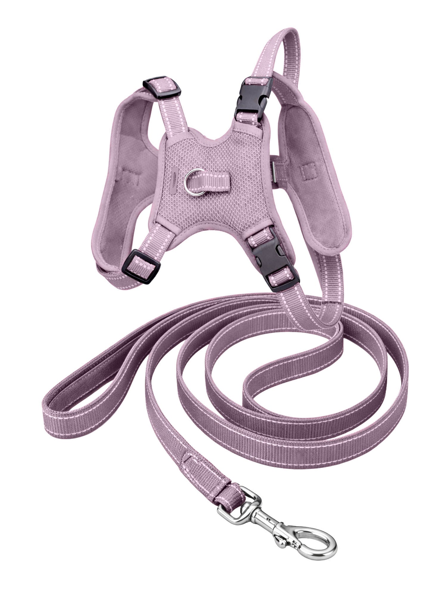 Studio image of Equestrian Stockholm Mesh Reflective Dog Harness and Leash in Dusty Purple with silver hardware.