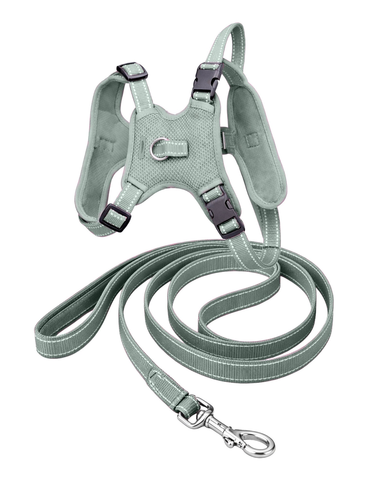 Studio image of Equestrian Stockholm Mesh Reflective Dog Harness & Leash Mist Green with silver hardware.