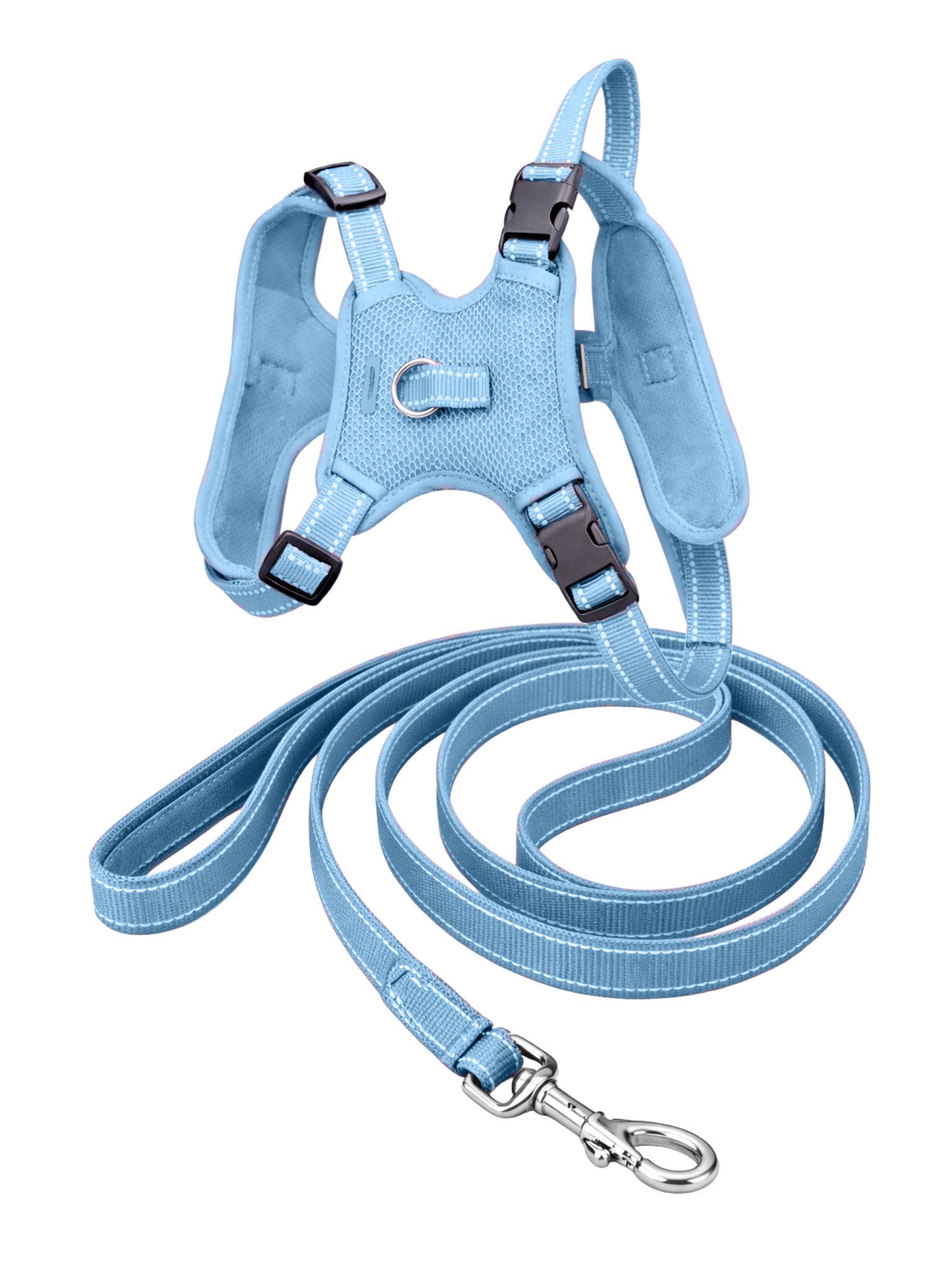 Studio image of Equestrian Stockholm Mesh Reflective Dog Harness & Leash in Soft Blue with silver hardware.