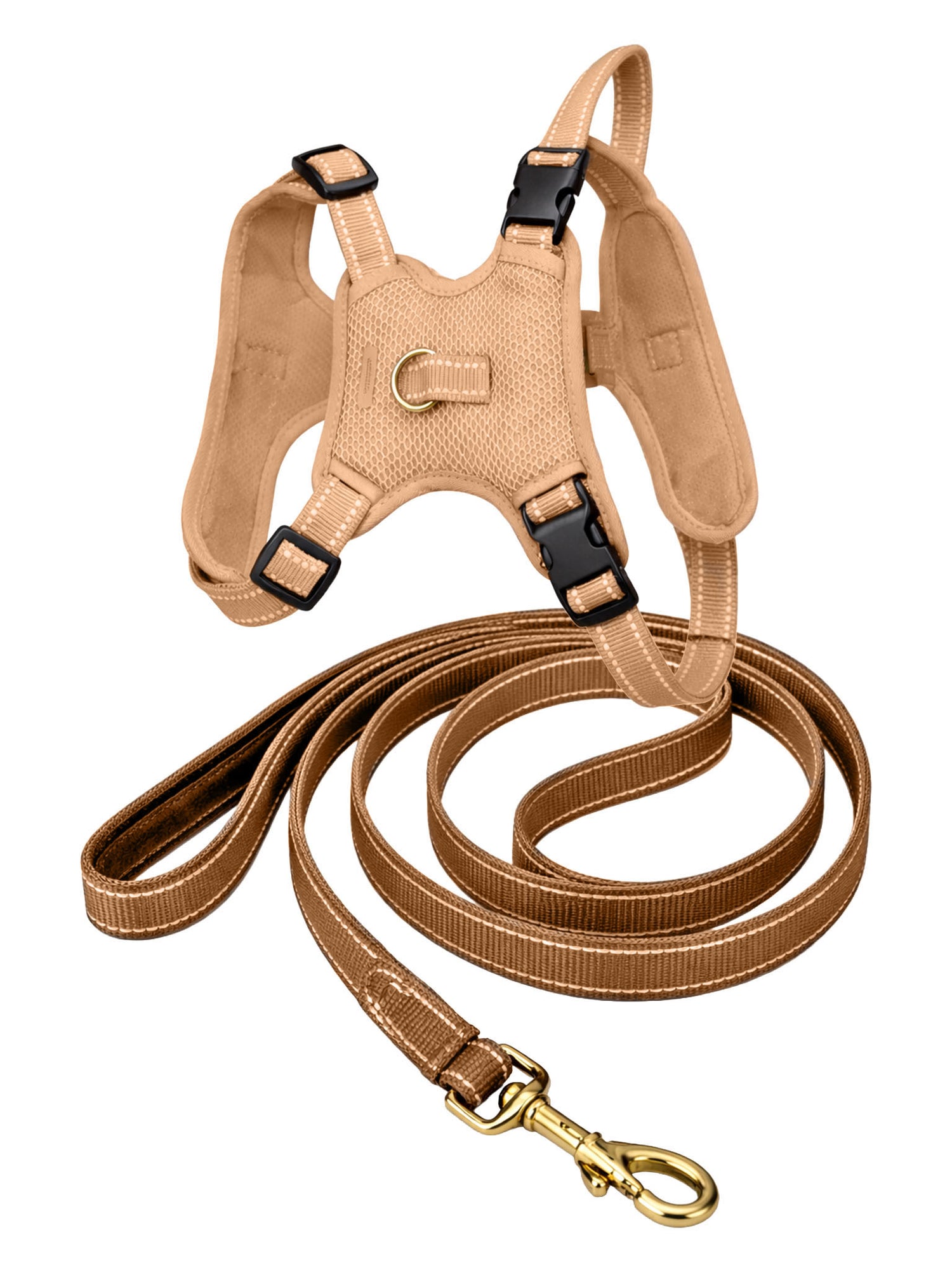 Studio image of Equestrian Stockholm Savannah Glow Mesh Reflective Dog Harness and Leash in beige with gold-tone hardware.