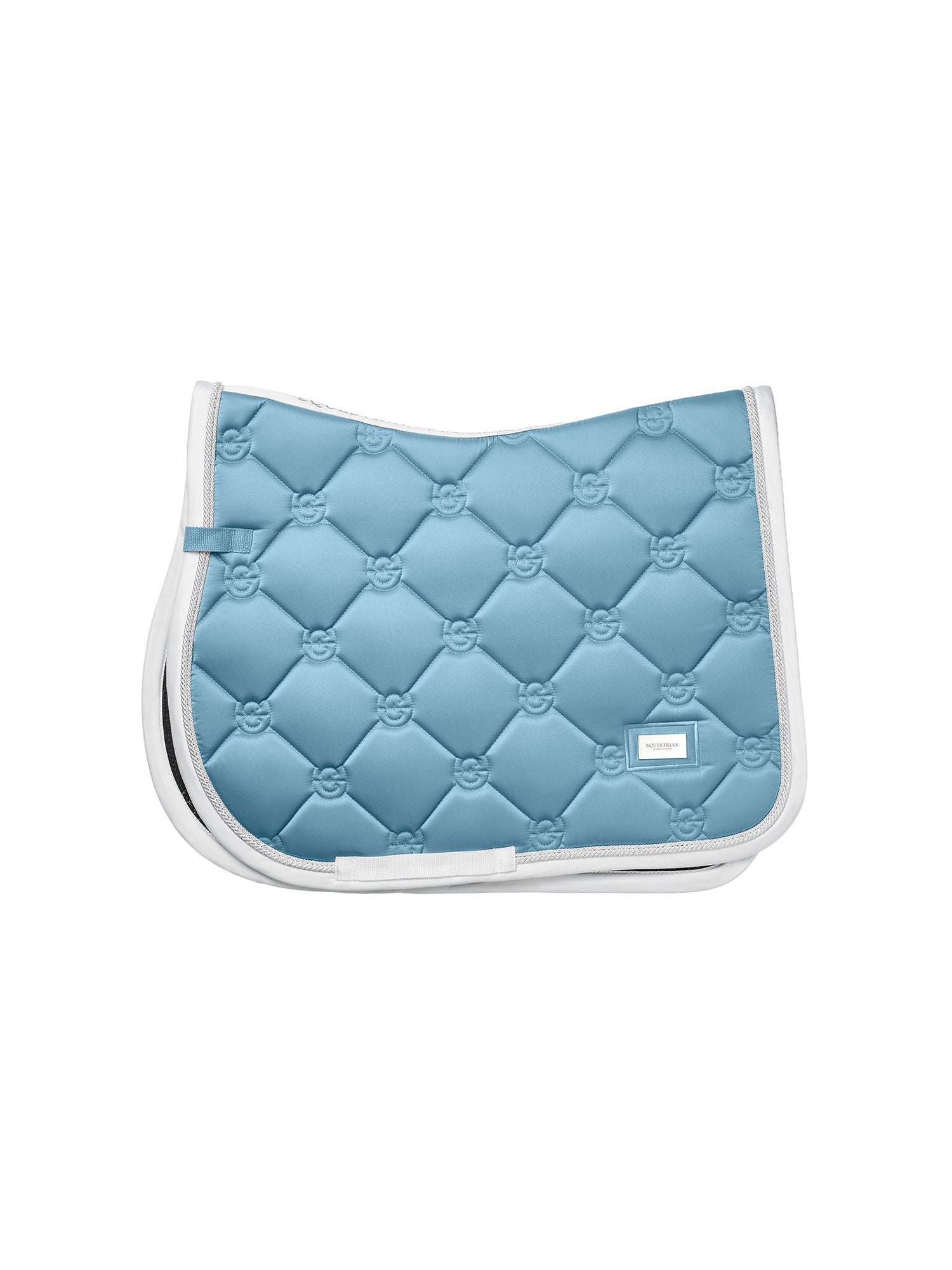 Studio image of Equestrian Stockholm Jump Saddle Pad Dove Blue with classic quilting, white trim, and silver piping.