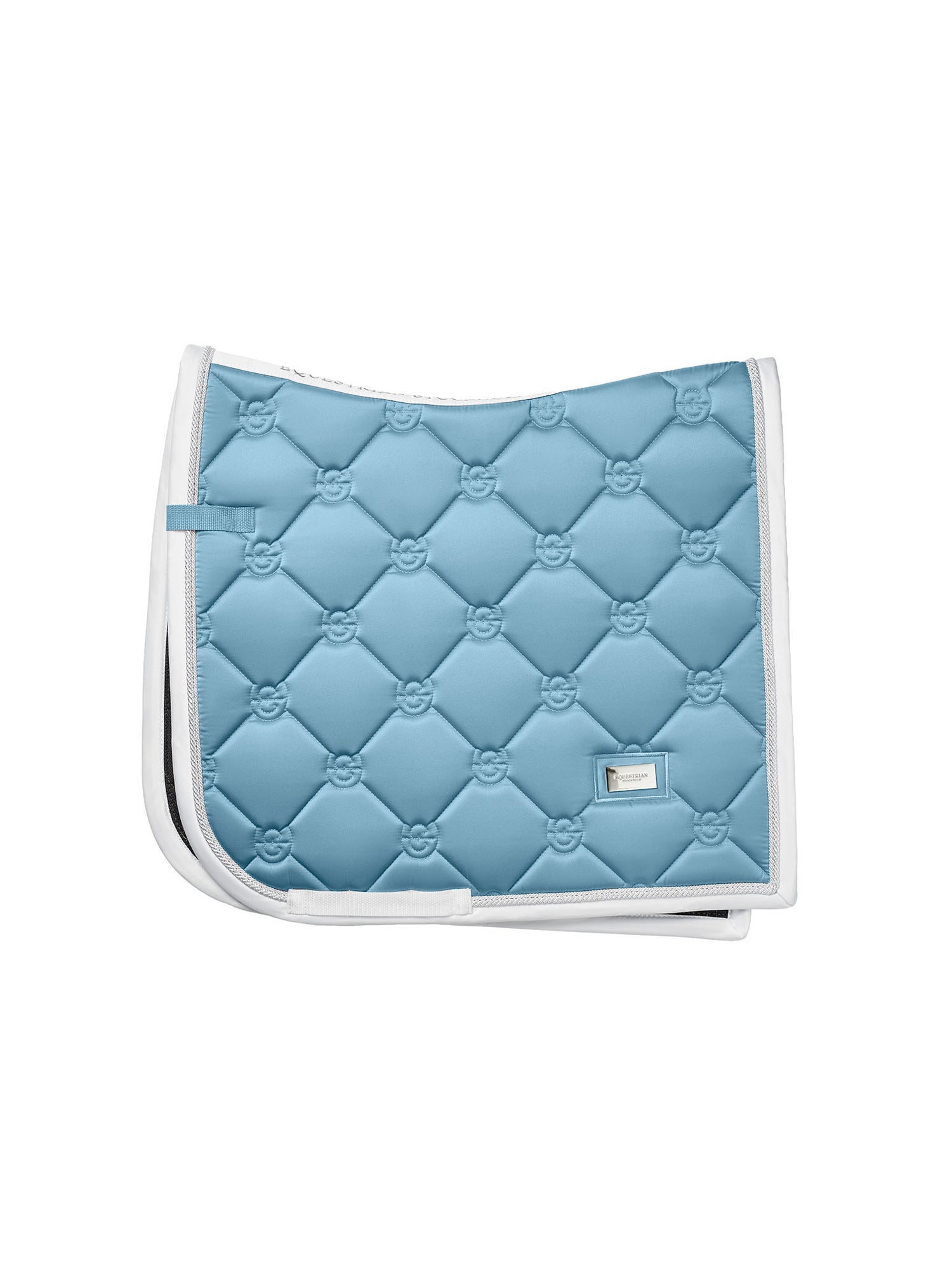 Studio image of Equestrian Stockholm Dressage Saddle Pad Dove Blue with classic quilting, white trim, and silver badge.