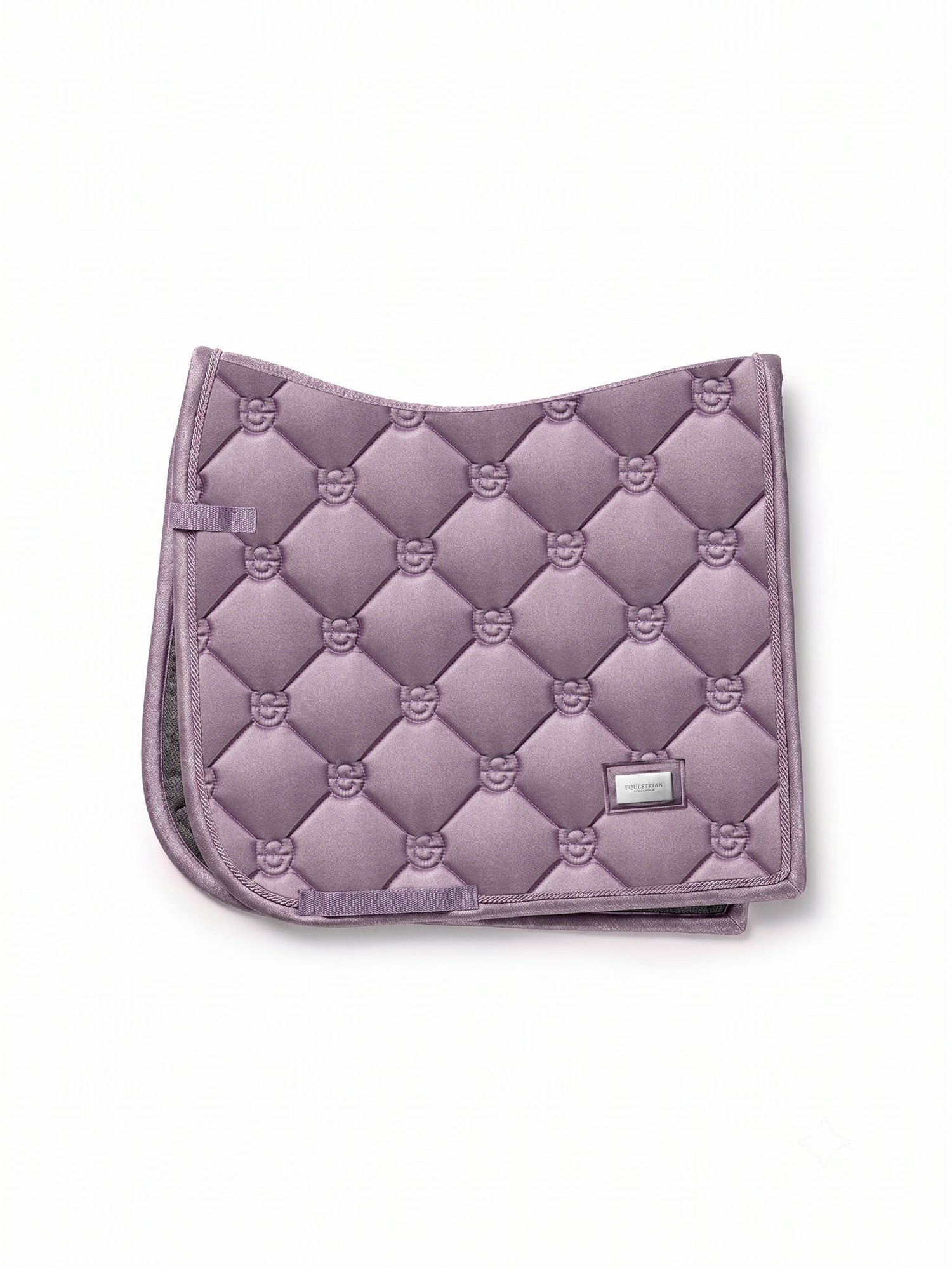 Studio image of Equestrian Stockholm Dressage Saddle Pad Glow Dusty Purple with classic quilting and silver piping.