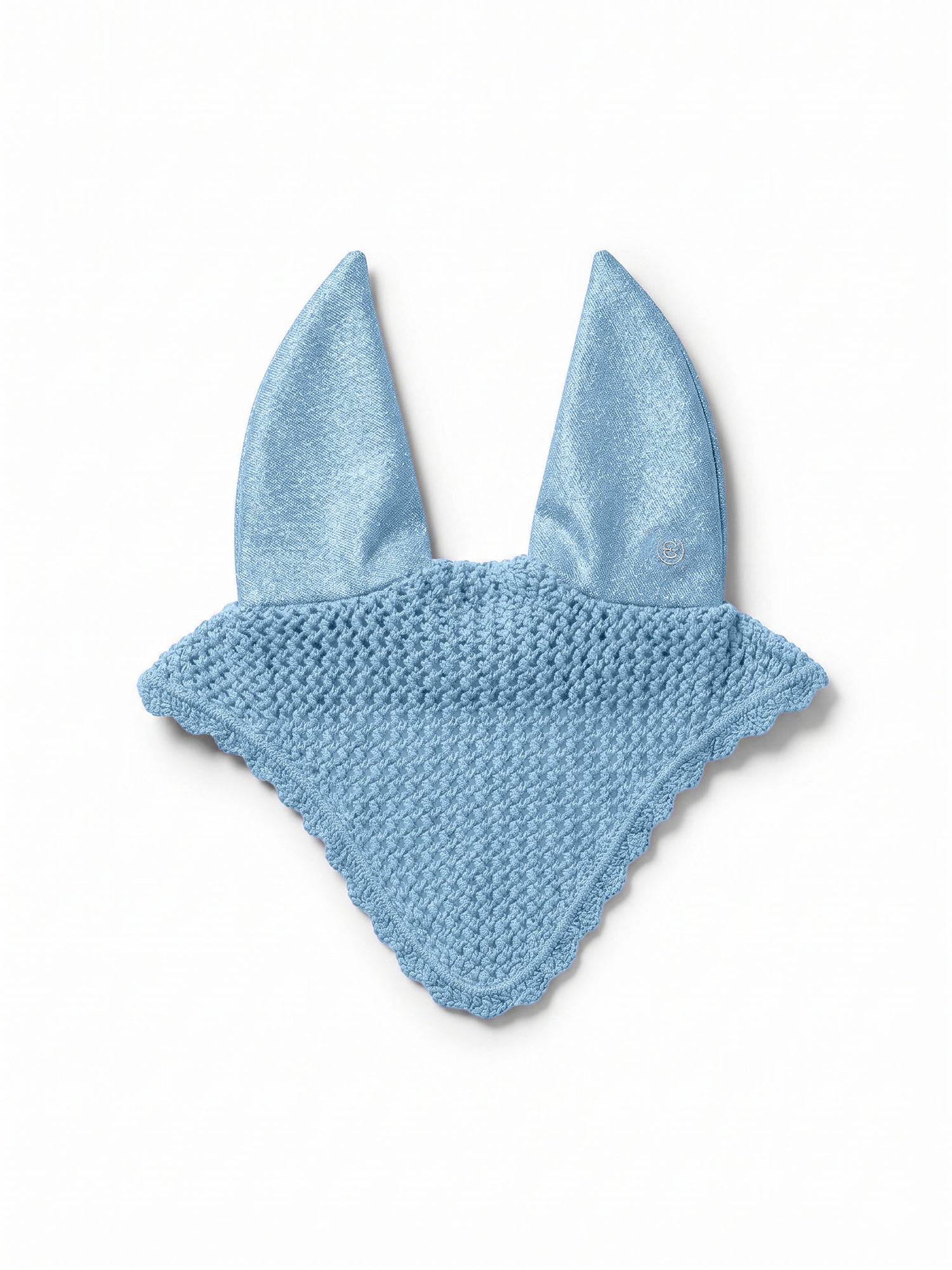 Studio image of Equestrian Stockholm Ear Bonnet Glow Soft Blue in crocheted cotton with shimmering satin ears.