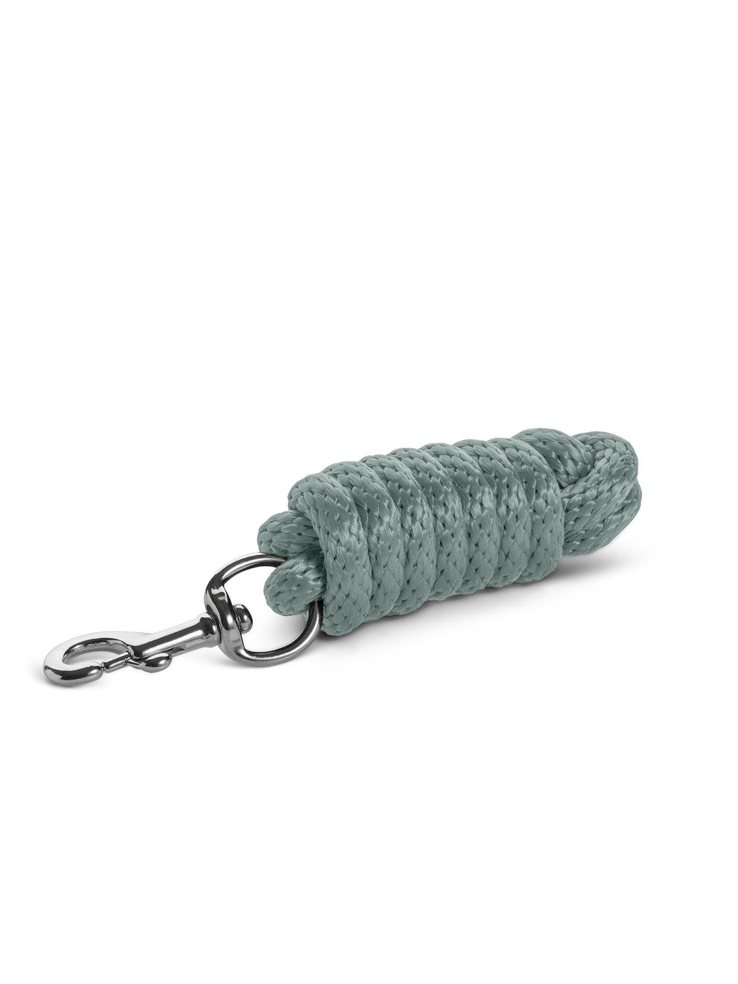 Studio image of Equestrian Stockholm Lead Rope Mist Green with a braided polyester cord and silver swivel snap.