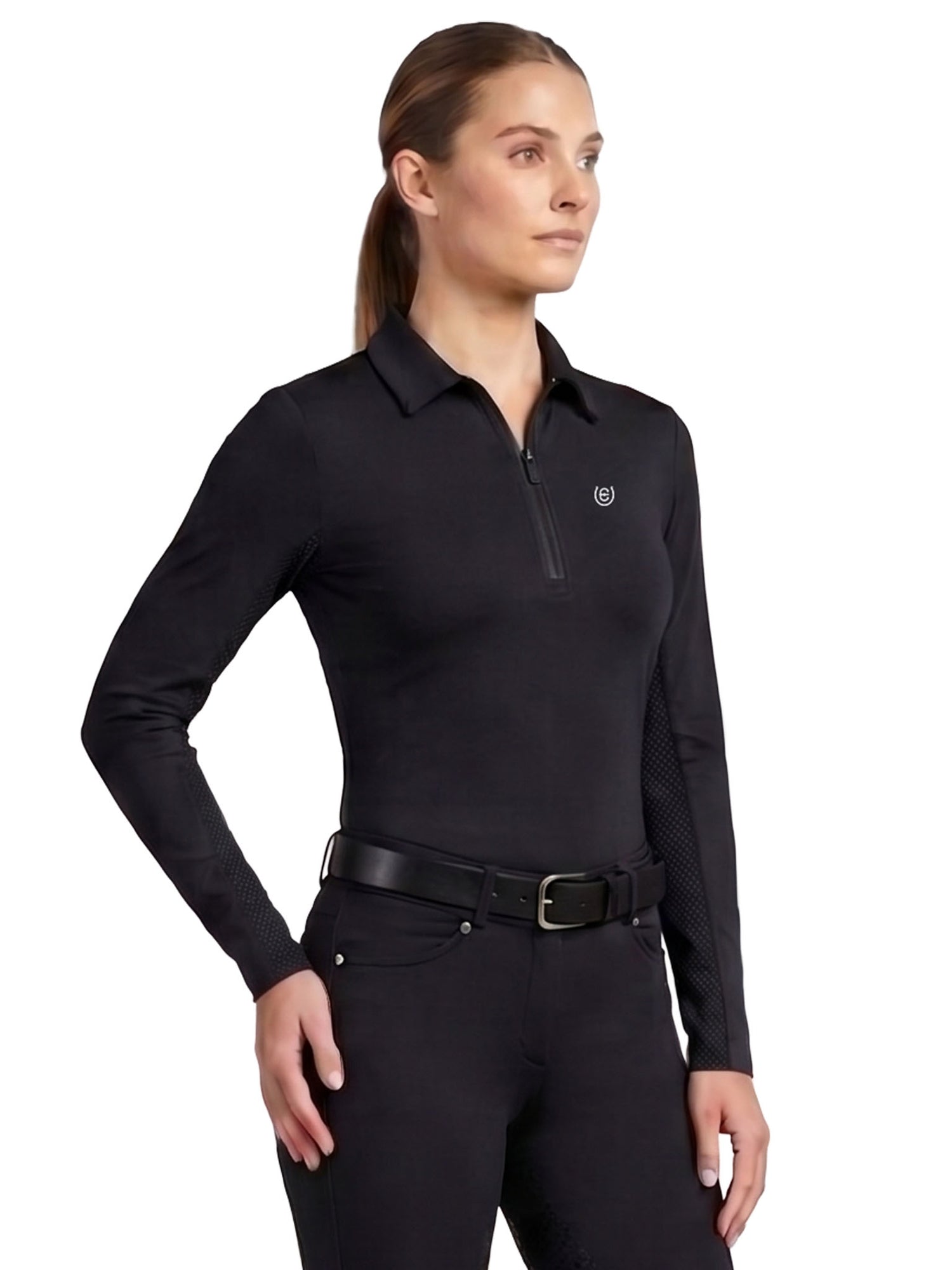 Equestrian Stockholm black Long Sleeve Zip Top with mesh panels, worn by a model with black riding breeches and belt.
