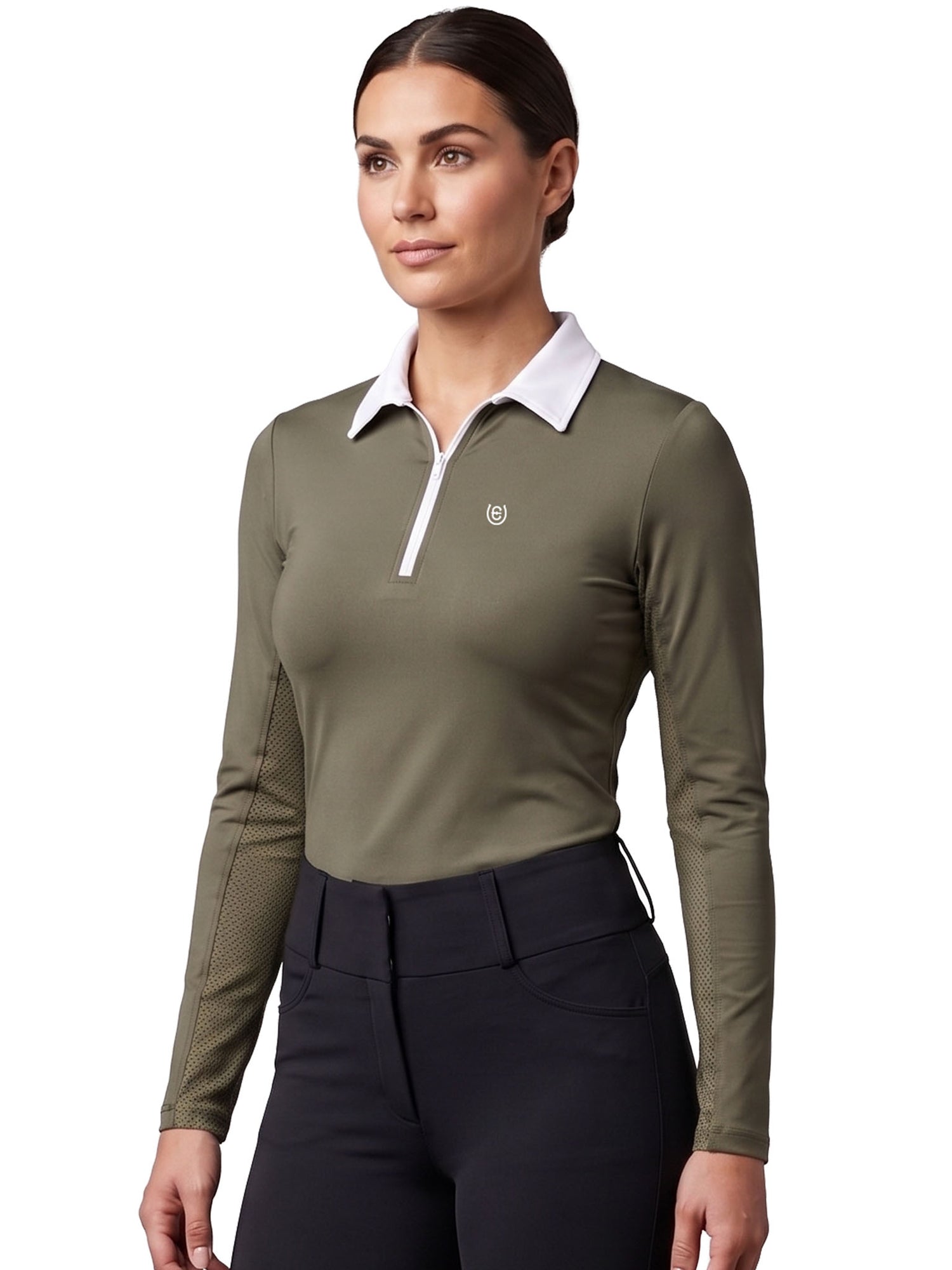 A model wearing Equestrian Stockholm Khaki Green Long Sleeve Zip Top with a white collar and black breeches.