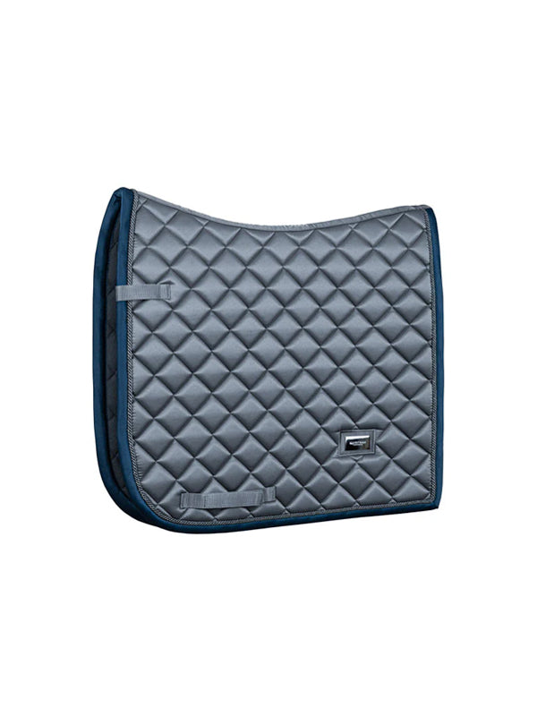 Studio image of Equestrian Stockholm Dressage Saddle Pad Metallic Blue in gray with diamond quilting and blue trim.