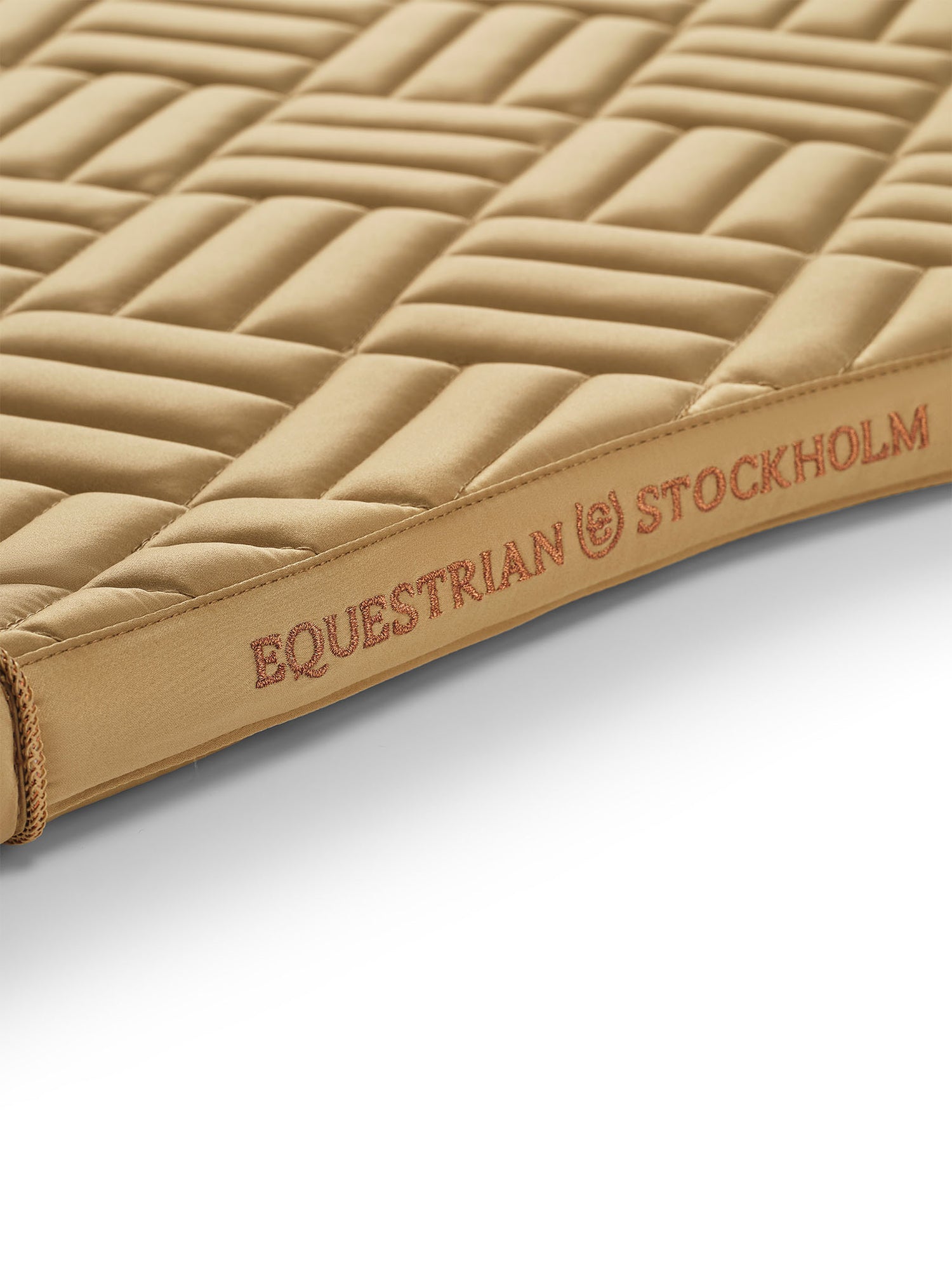 Studio image of Equestrian Stockholm Dressage Saddle Pad Modern Midsummer Glow in yellow with rose gold embroidery.