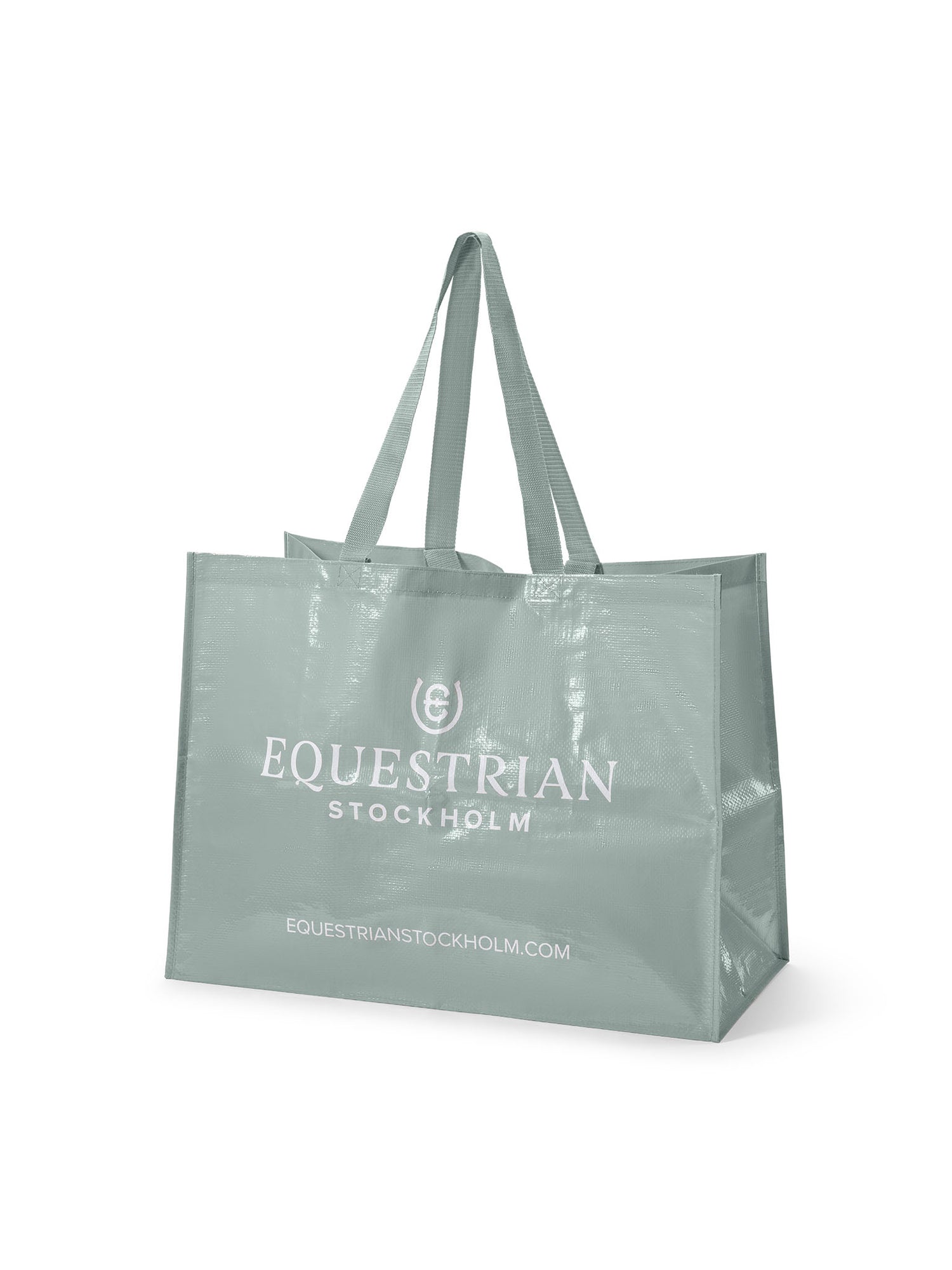 Studio image of Equestrian Stockholm Woven Stable Bag in Mist Green with white logo and long webbing handles.