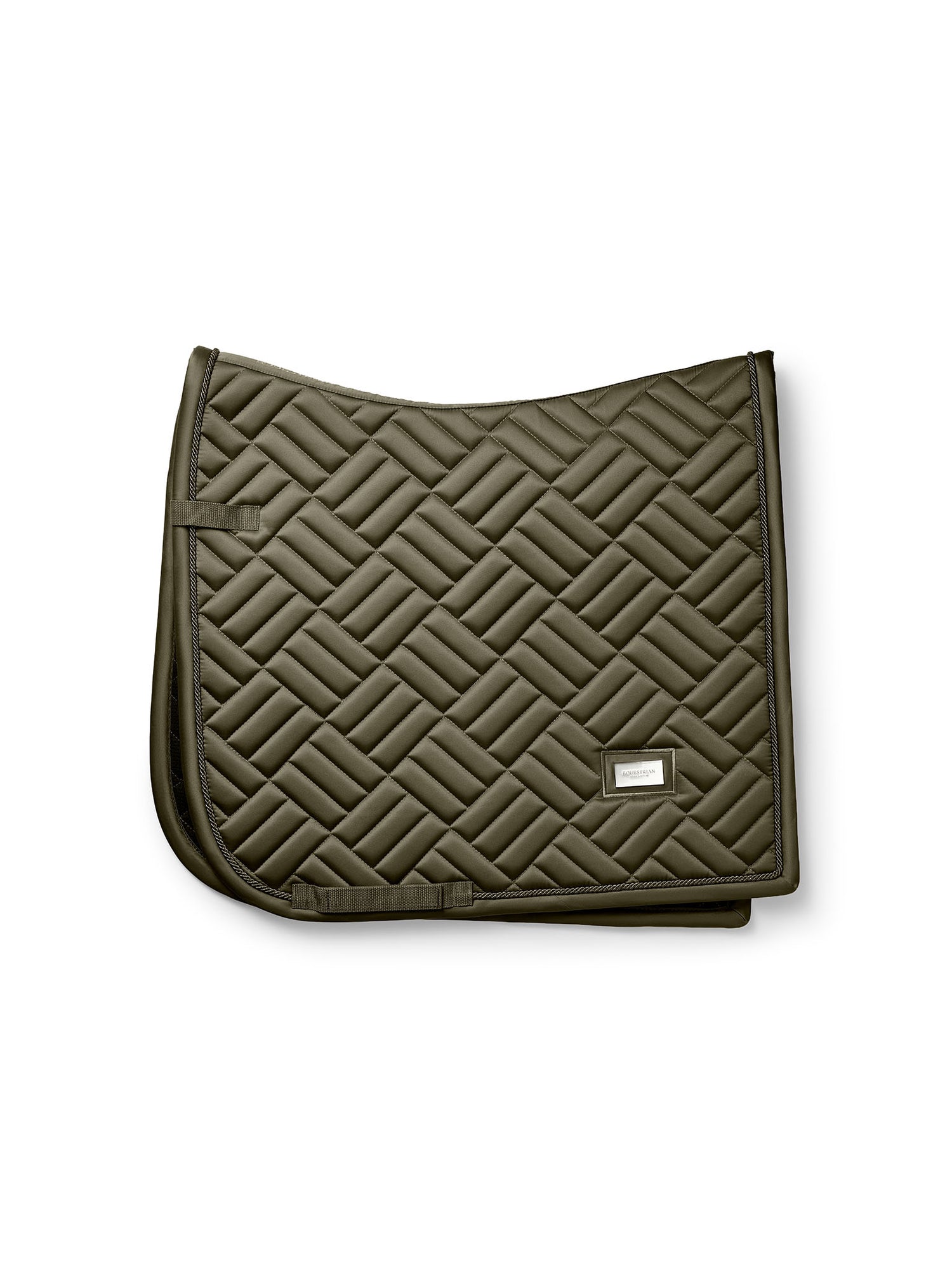 Studio image of Equestrian Stockholm Modern Khaki Green Dressage Saddle Pad with a silver badge.