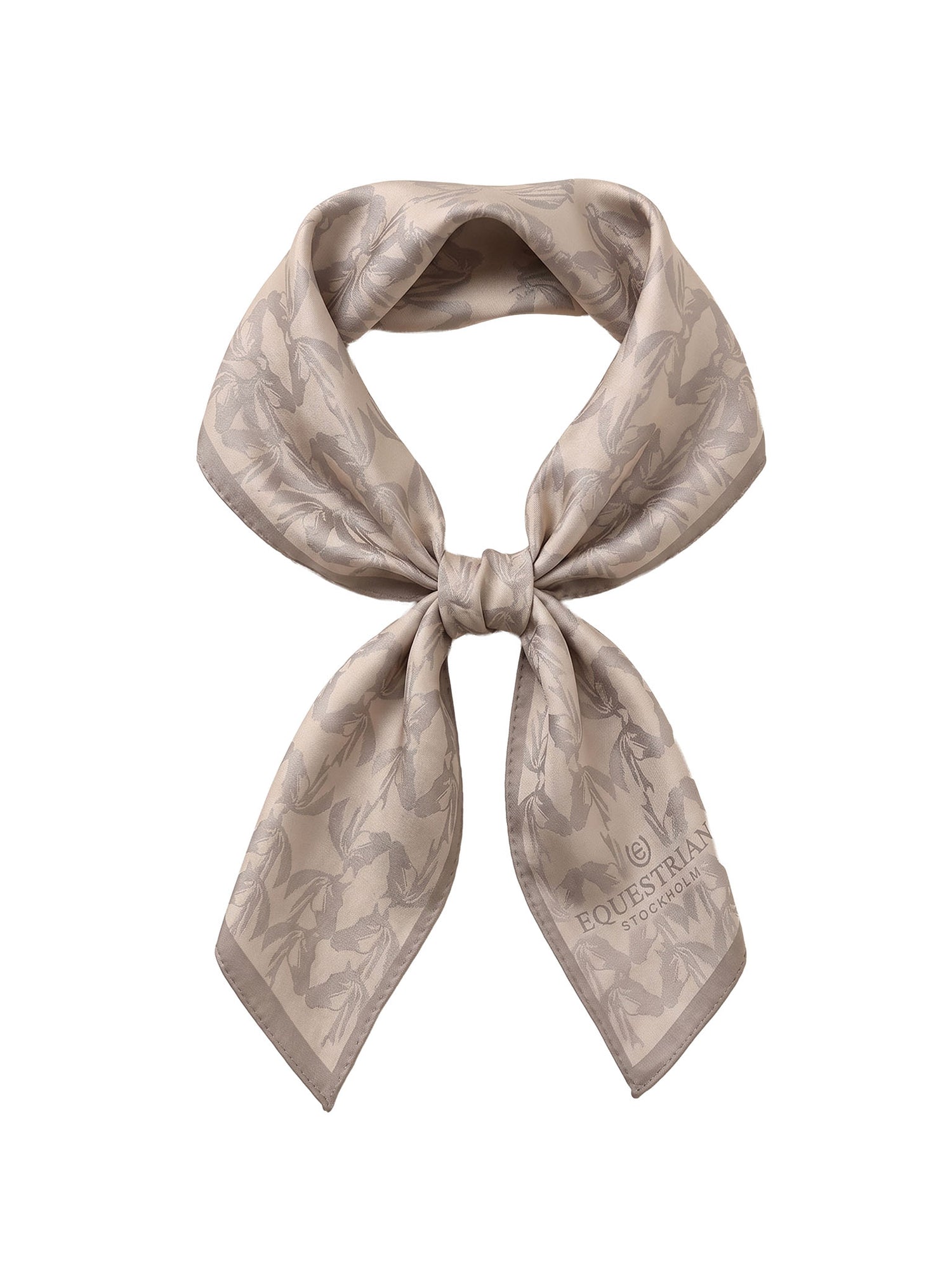 Studio image of Equestrian Stockholm Silk Scarf Monogram Horse Beige in pure silk with a tonal horse pattern and logo.