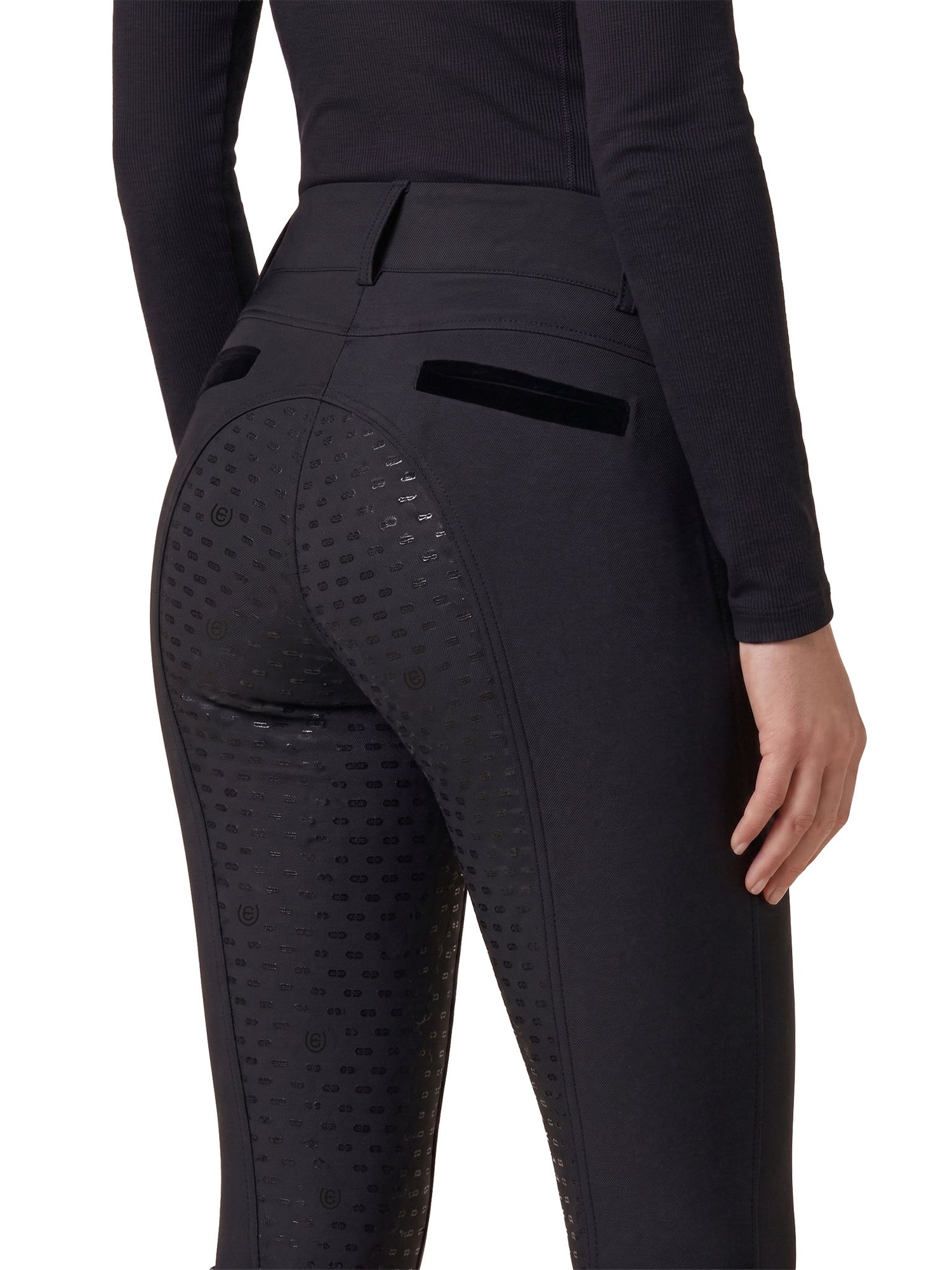 Studio image of Equestrian Stockholm Riding Breeches Optimal Black featuring a full seat silicone grip and a sleek silhouette.