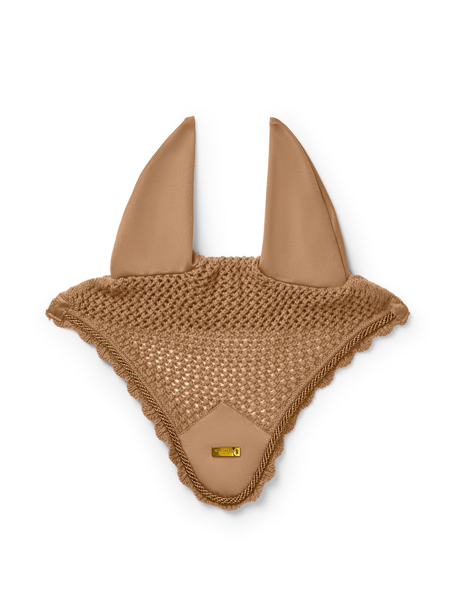 Studio image of Equestrian Stockholm Ear Bonnet Savannah Glow in beige crochet with gold piping and badge.