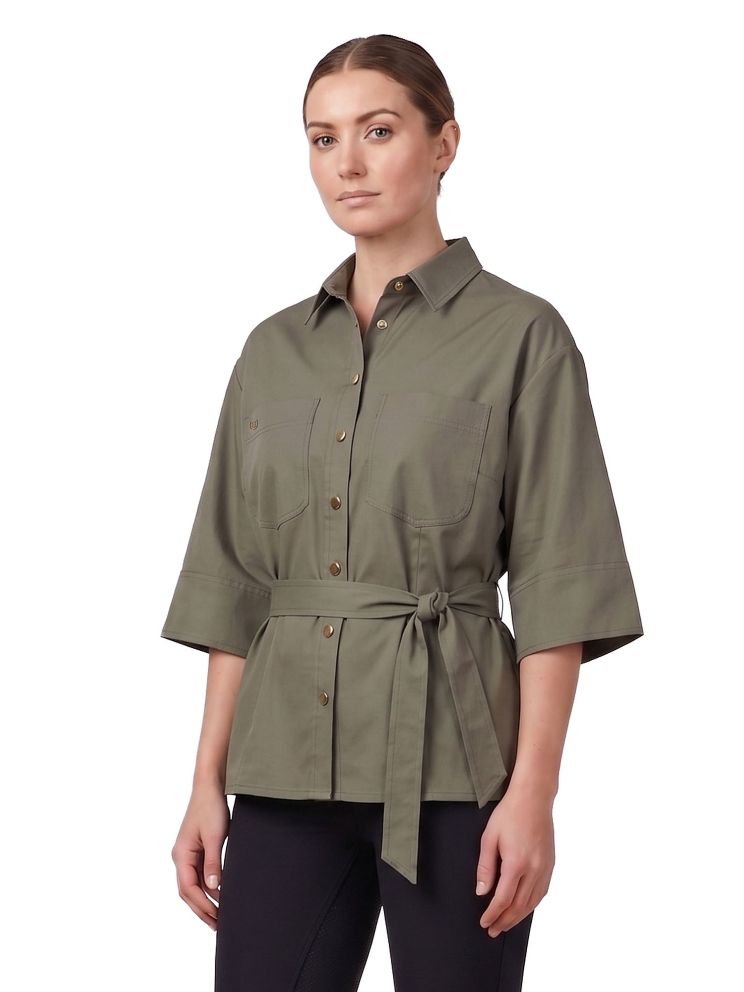 Equestrian Stockholm Shirt Safari Khaki Green featuring elbow-length sleeves, chest pockets, and a waist tie.