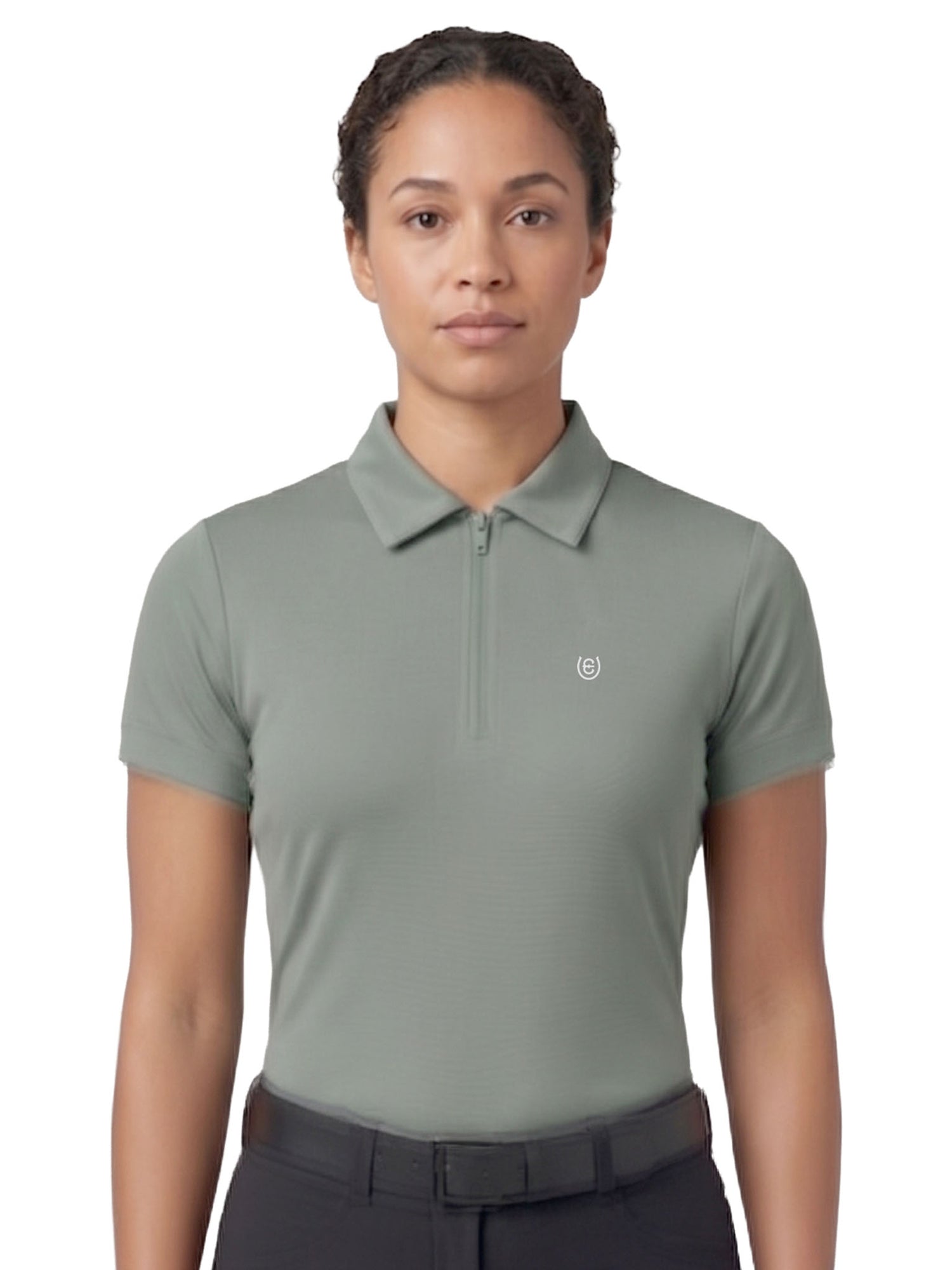 Model wearing Equestrian Stockholm Short Sleeve Zip Top Mist Green featuring a white chest logo and zip collar.