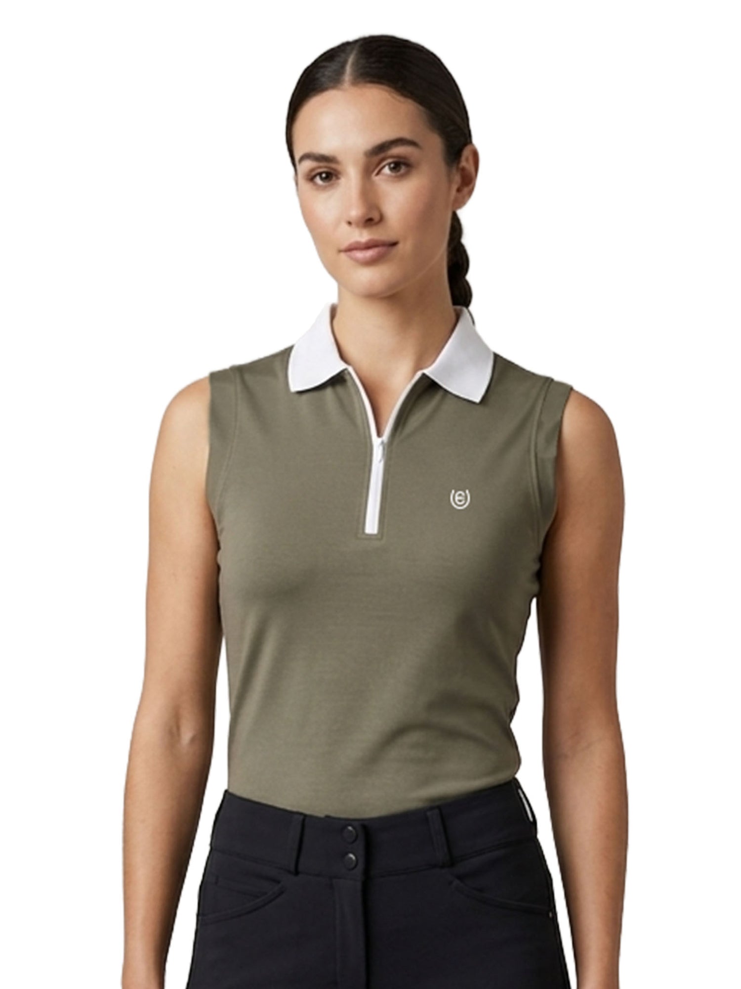 Model wearing the Equestrian Stockholm Sleeveless Zip Top Khaki Green with a white collar and black riding breeches.