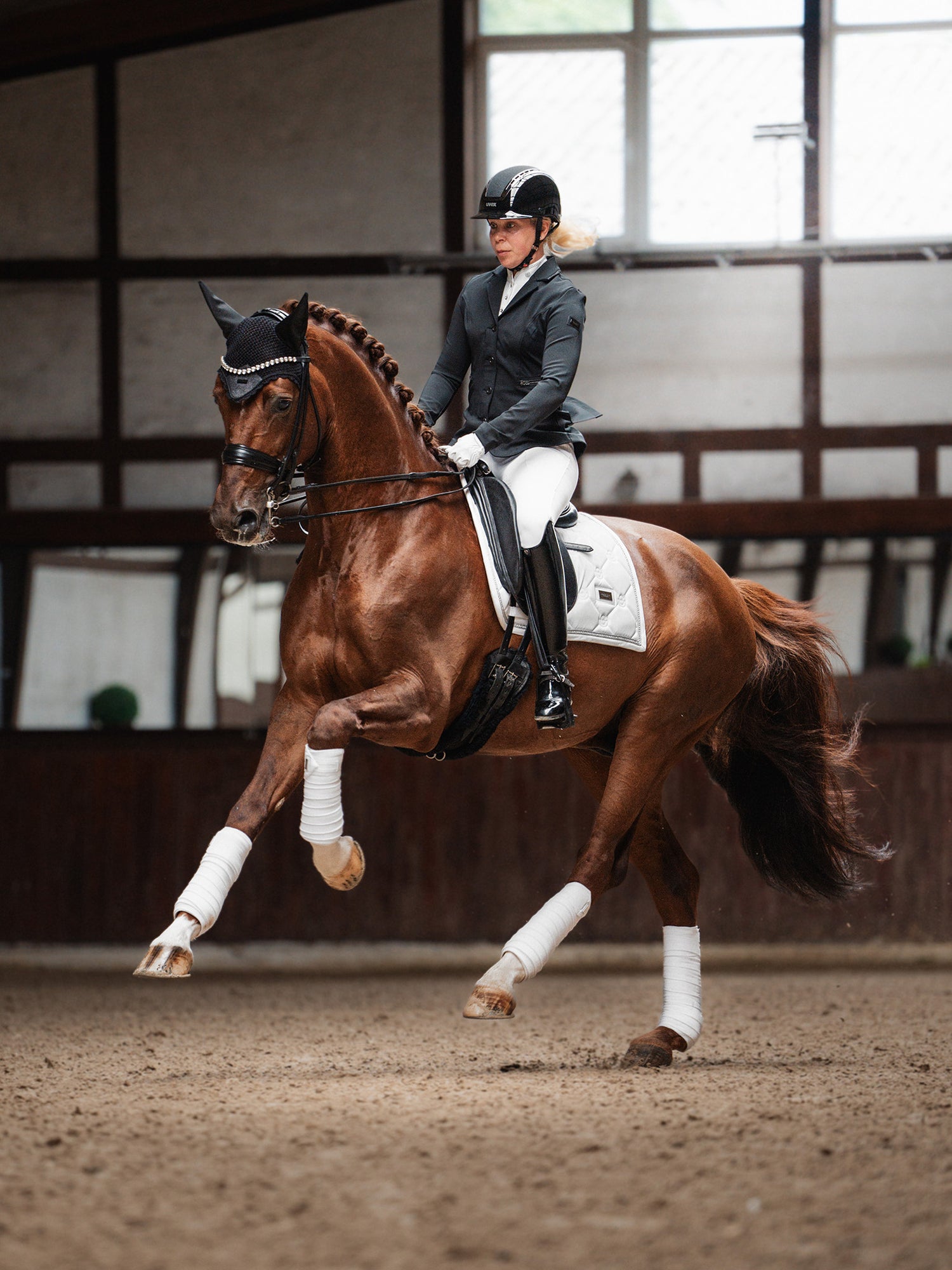 Equestrian Stockholm Crystal White Glimmer Dressage Saddle Pad on a chestnut horse with a rider in an indoor arena.