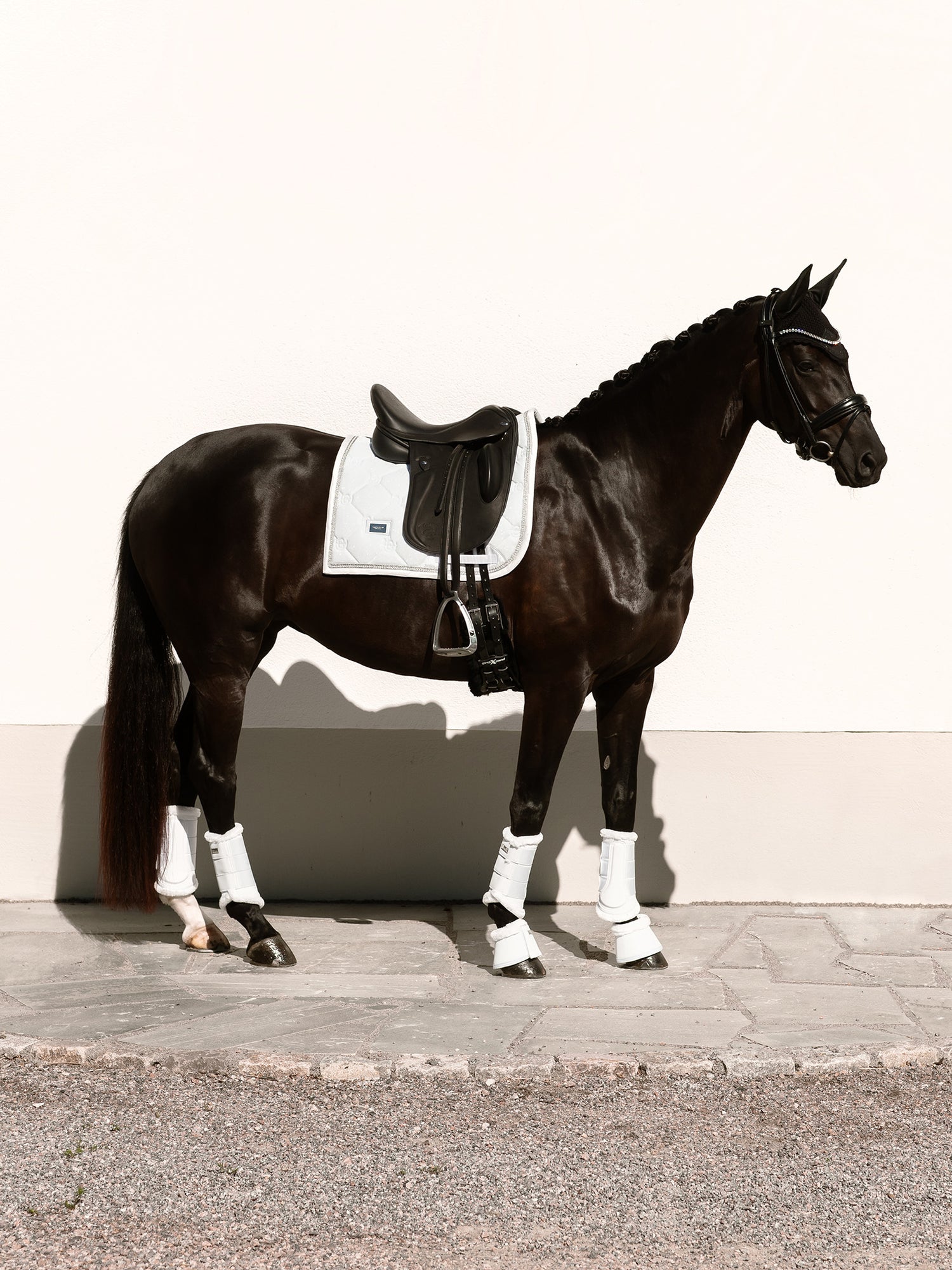 Equestrian Stockholm Crystal White Glimmer dressage saddle pad on a dark horse with white boots, ear net, and black tack.