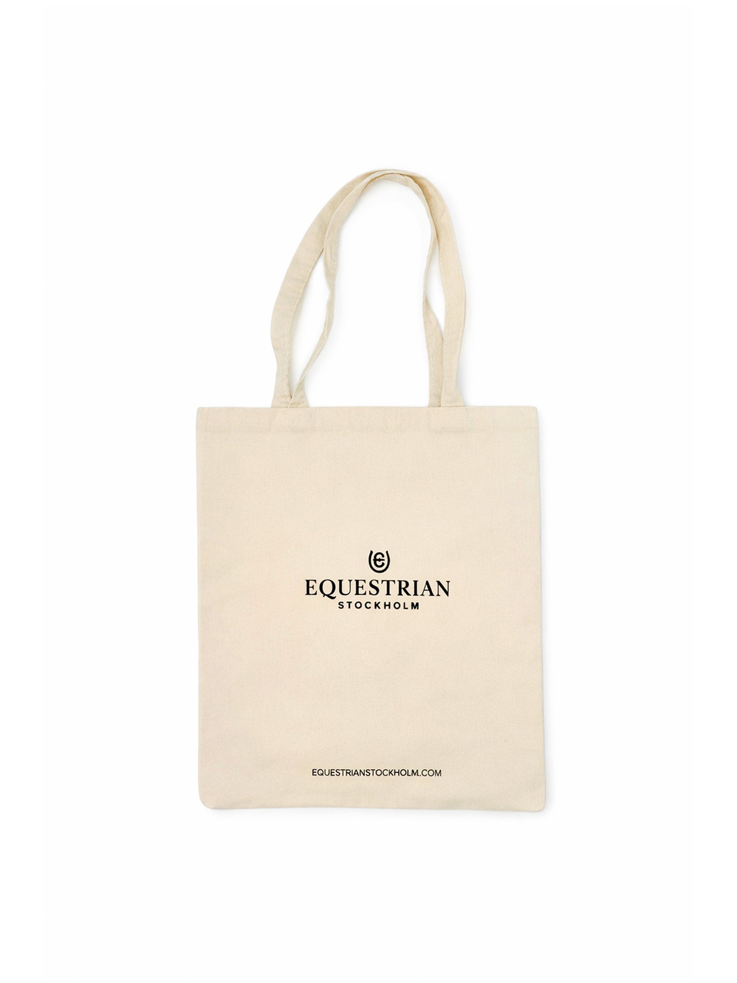 Studio image of Equestrian Stockholm beige cotton tote bag featuring a black logo and website print.