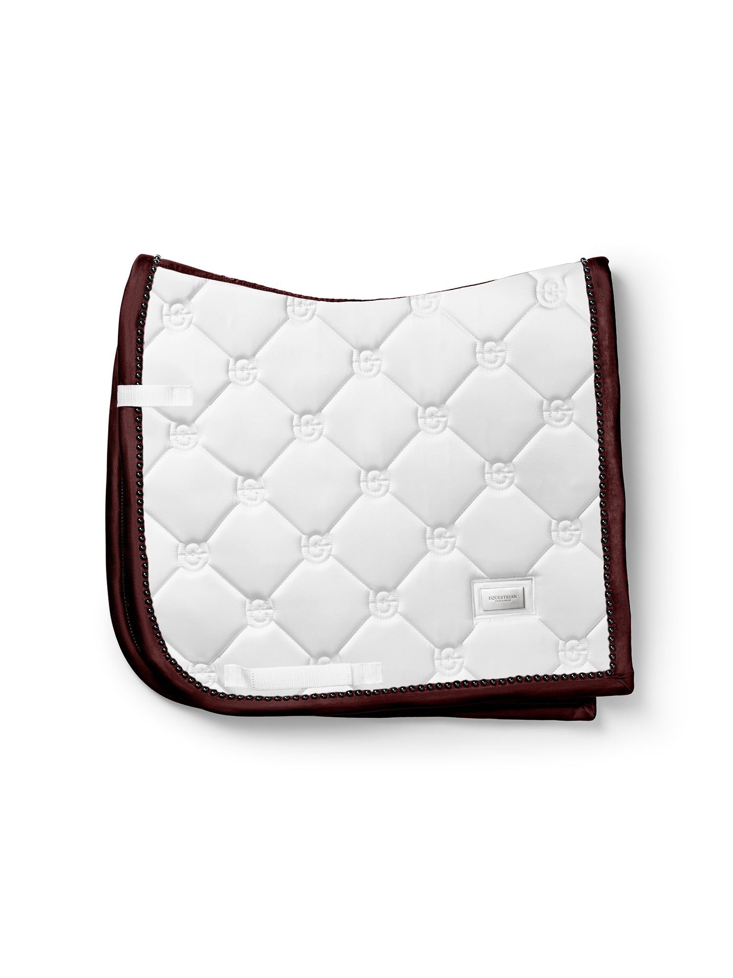 Studio image of Equestrian Stockholm Dressage Saddle Pad White Deep Mahogany featuring classic quilting and pearl piping.