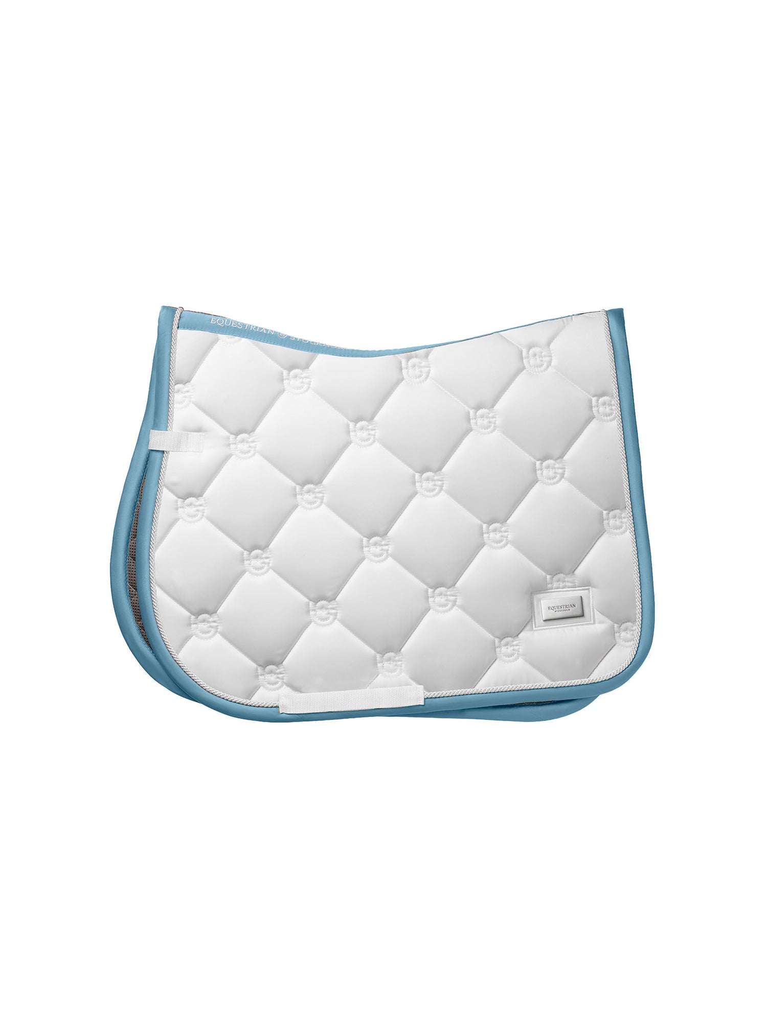 Studio image of Equestrian Stockholm Jump Saddle Pad White Dove Blue with blue border and silver piping.