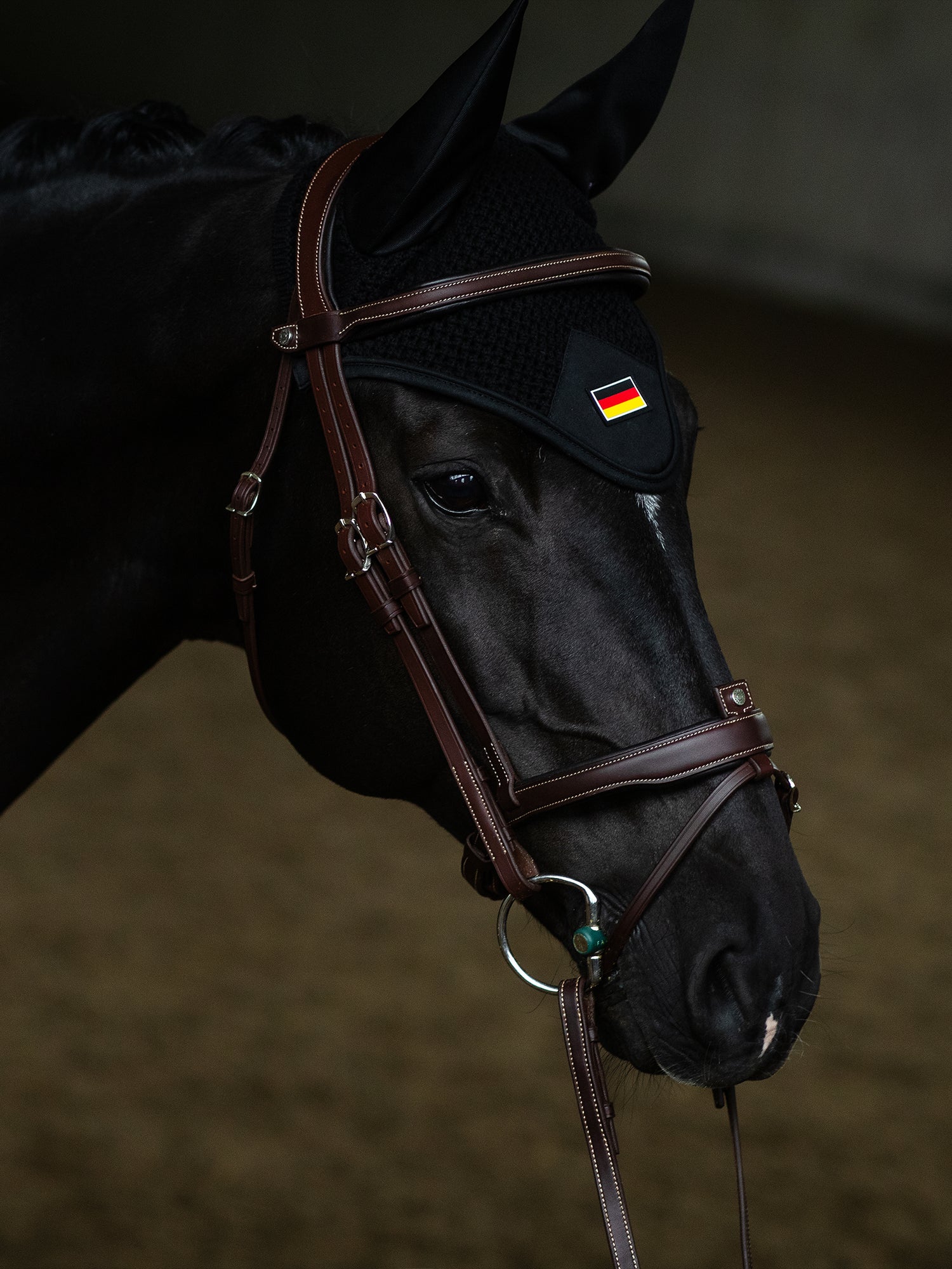 Equestrian Stockholm Ear Bonnet Cotton Black Germany with flag logo on a black horse wearing a brown leather bridle.