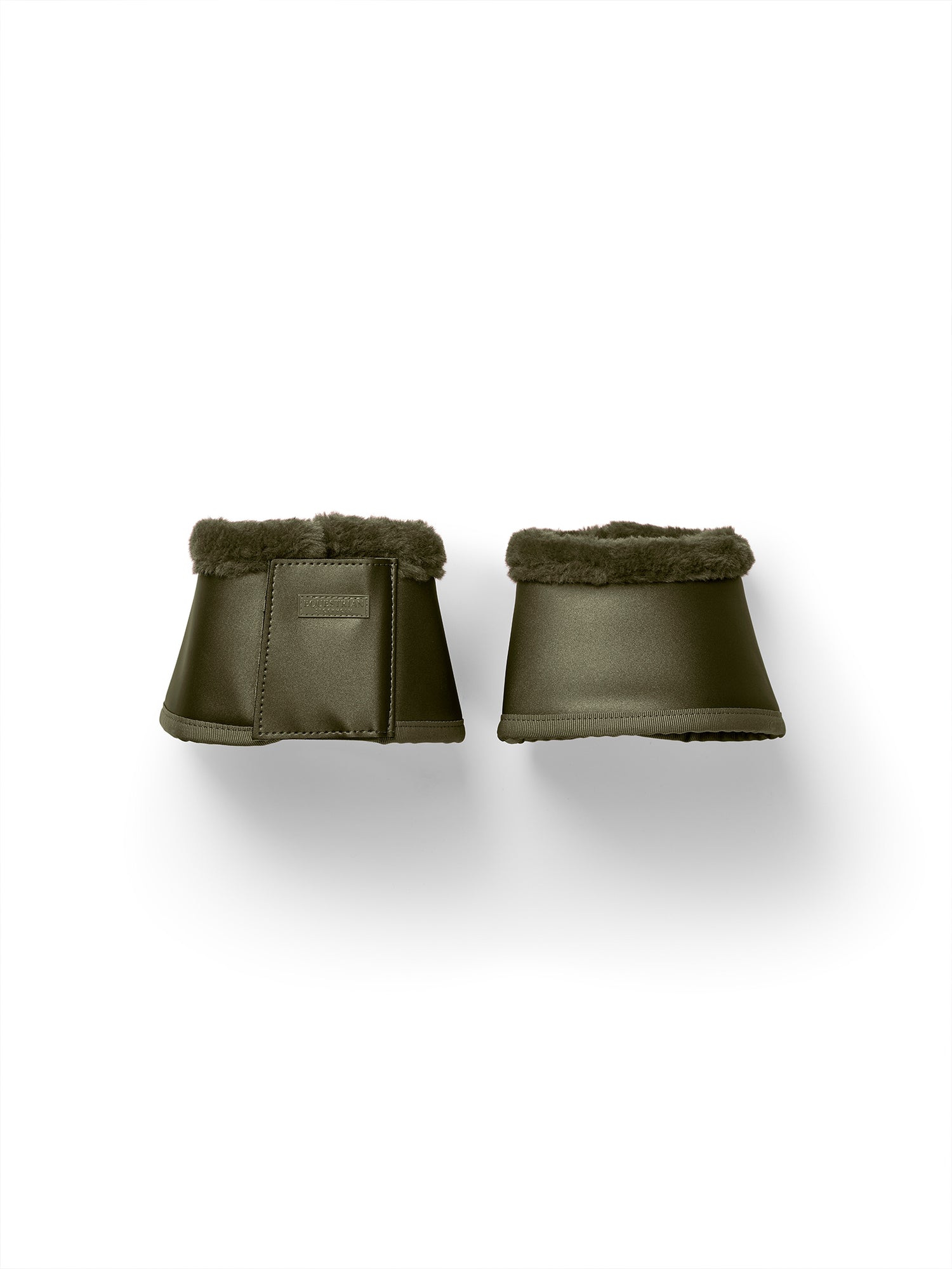 Studio image of Equestrian Stockholm Bell Boots Khaki Green with durable PU leather and soft faux-fur trim.