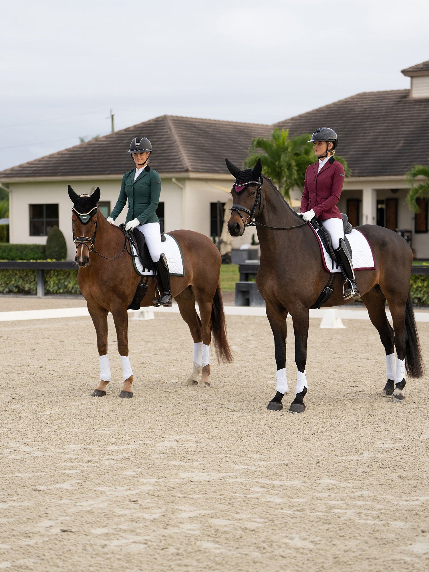 Riders in Equestrian Stockholm Merlot and Sycamore Green show jackets with white dressage saddle pads and ear bonnets.