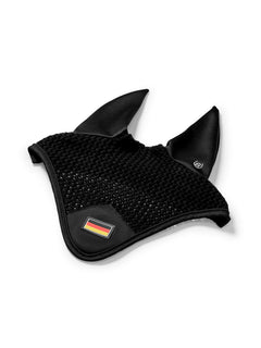 Studio image of Equestrian Stockholm Ear Bonnet Cotton Black Germany with a flag badge and breathable crocheted cotton.