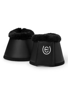 Studio image of Equestrian Stockholm Bell Boots Everyday Black with black faux fur and an embroidered logo.
