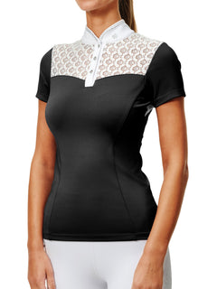 Studio image of Equestrian Stockholm Crystal Champion Competition Top Black with white lace yoke and crystal-trimmed collar.