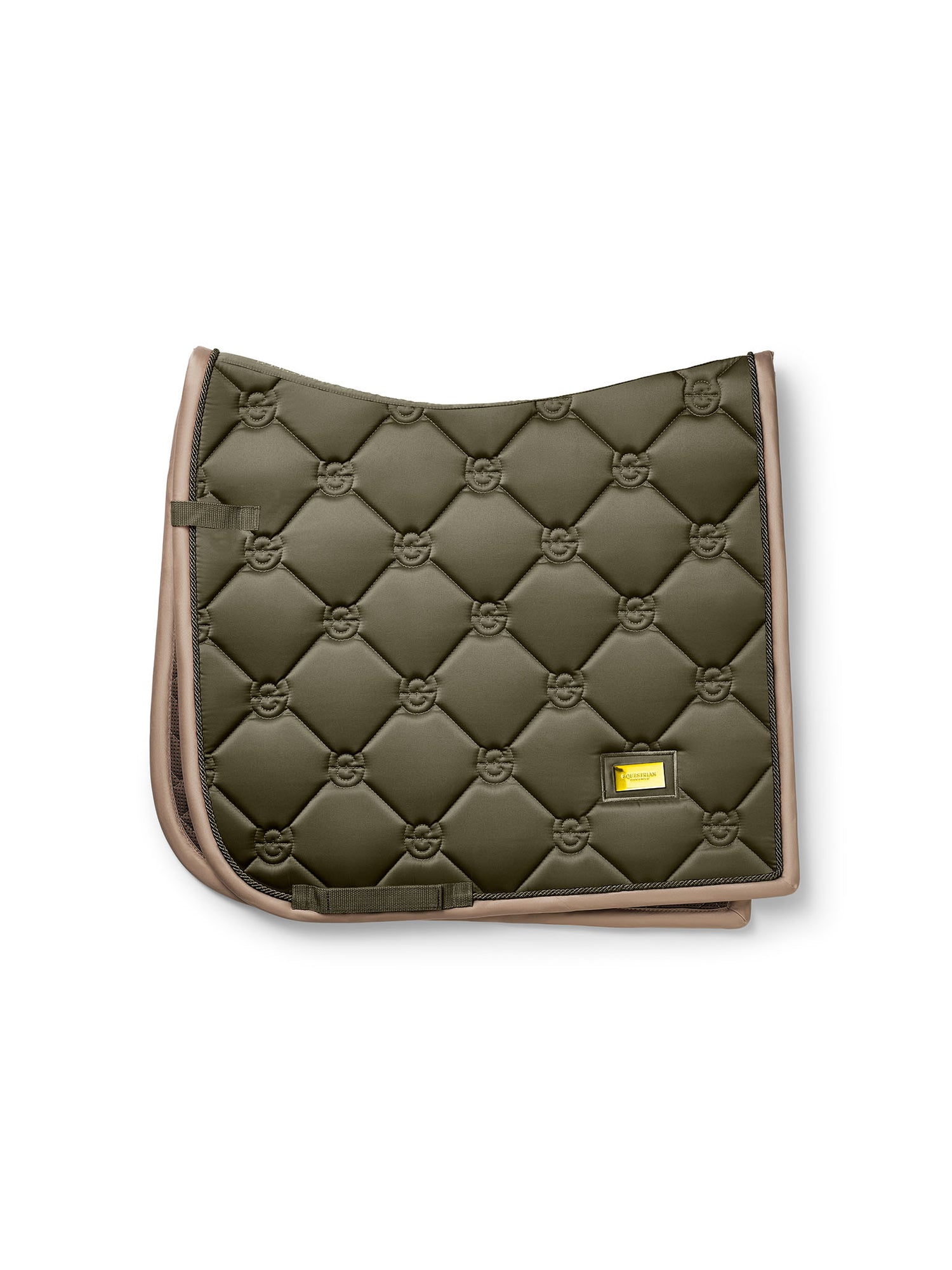 Studio image of Equestrian Stockholm Dressage Saddle Pad Khaki Green with beige edging and gold metal badge.