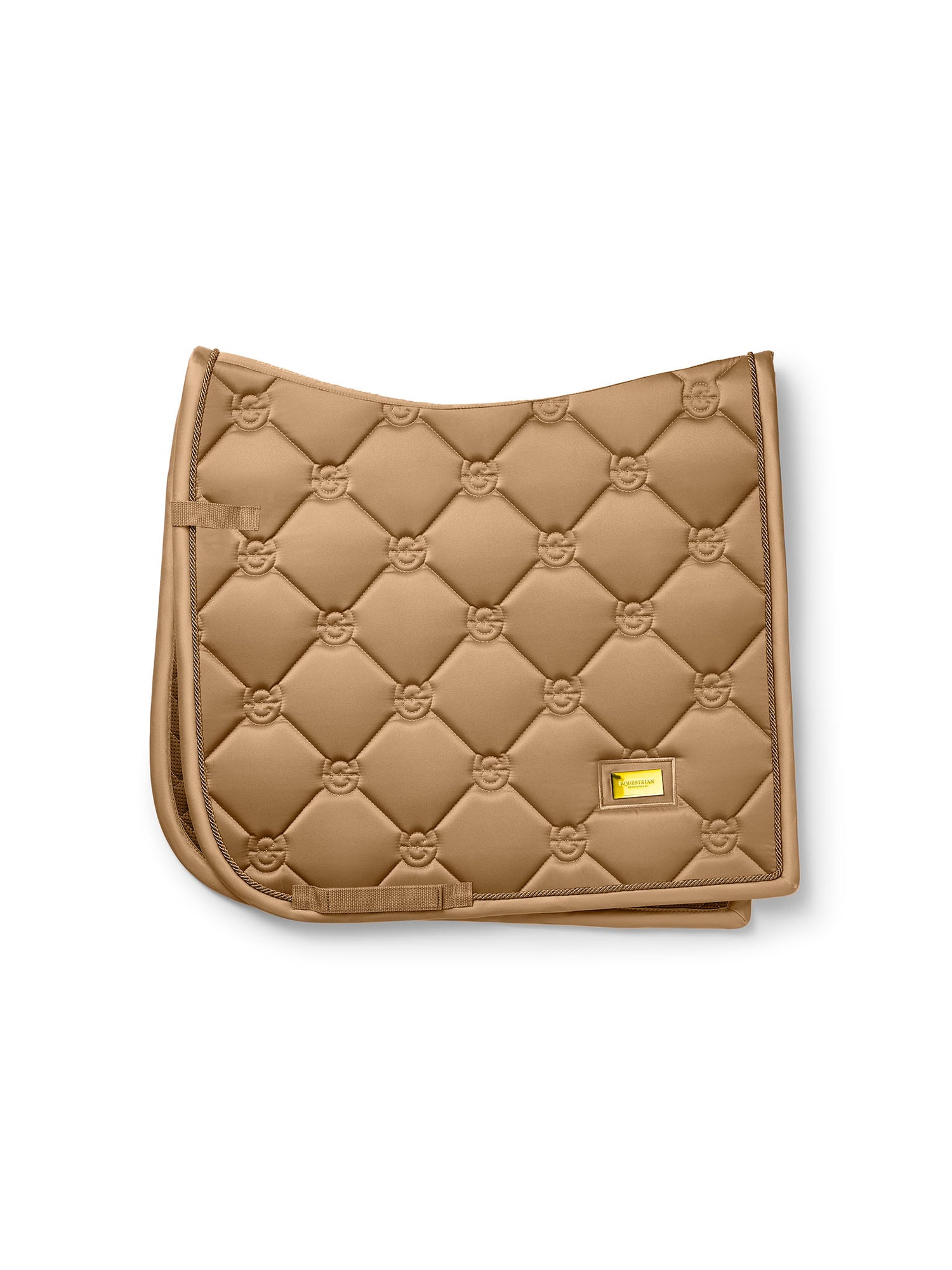 Studio image of Equestrian Stockholm Dressage Saddle Pad Savannah Glow in beige with gold piping and classic quilting.